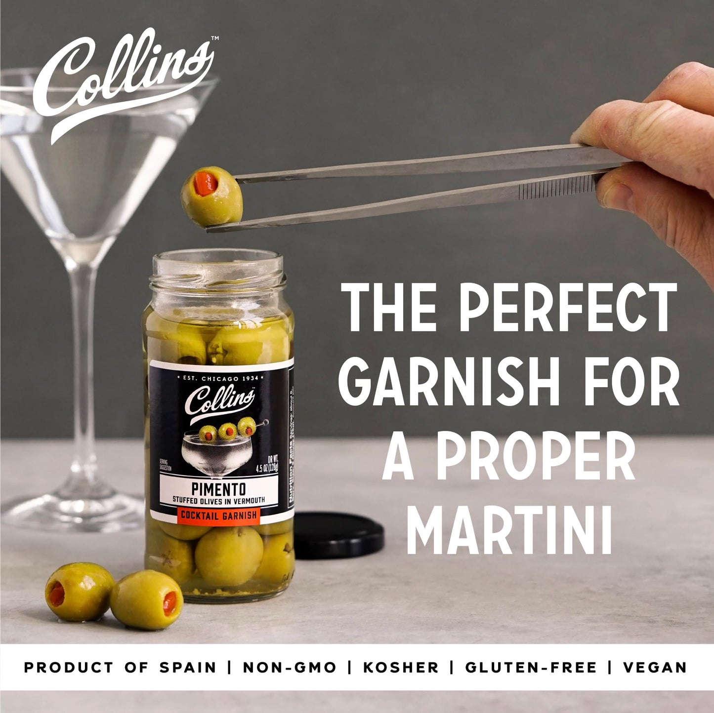 Collins Gourmet Vermouth Pimento Olives | Premium Cocktail Garnish | 4.5oz | Black | Model O268