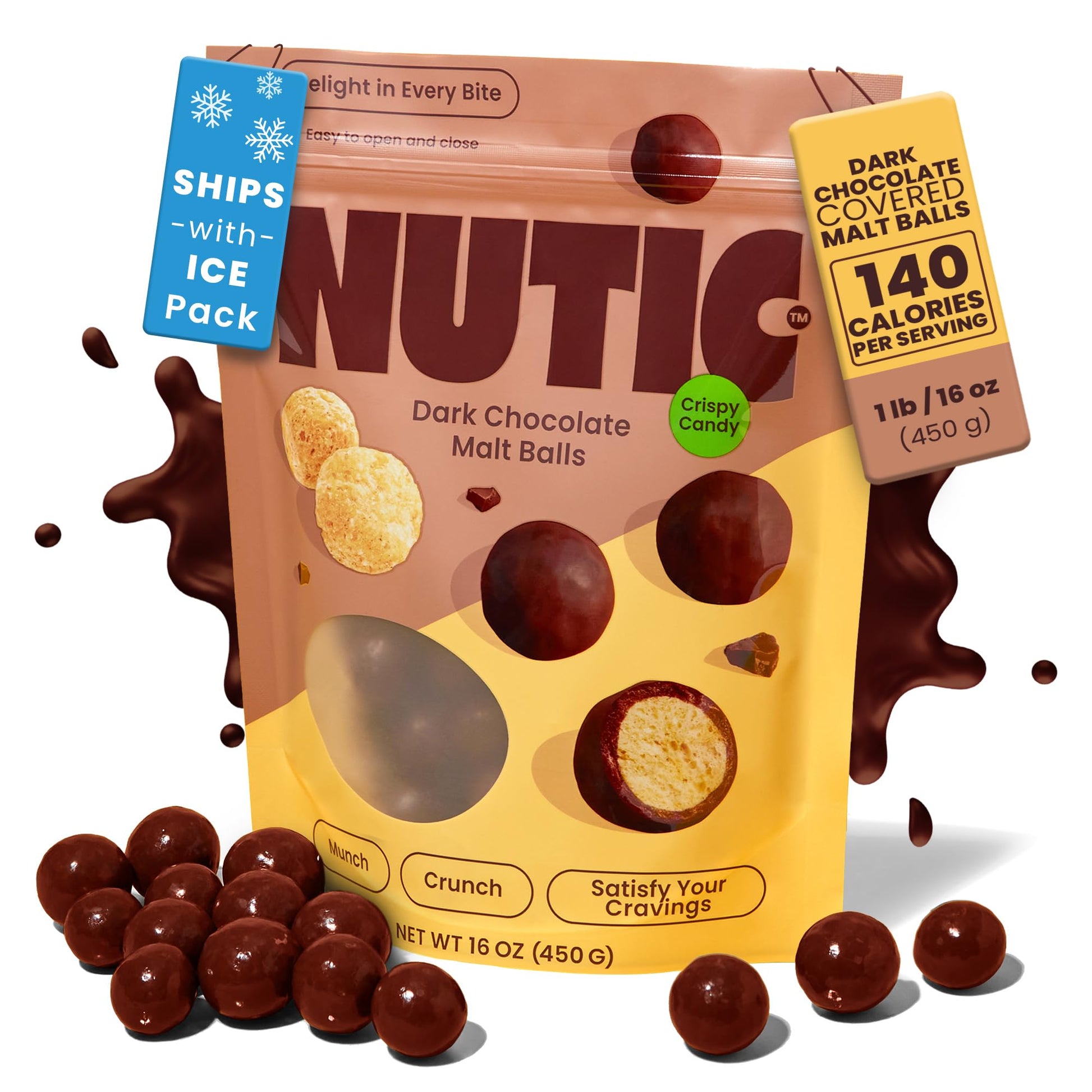 Nutic Dark Chocolate Malted Milk Balls - 1Lb, Classic Treats For Holidays And Movie Nights, Luxurious Malt Balls Coated In Rich