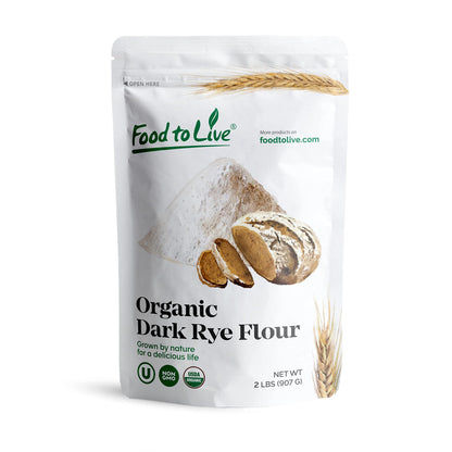 Food to Live Organic Dark Rye Flour, 2 Pounds - Whole Grain, Non-GMO, Stone Ground, Kosher, Raw, Vegan, Bulk, Great for Baking B