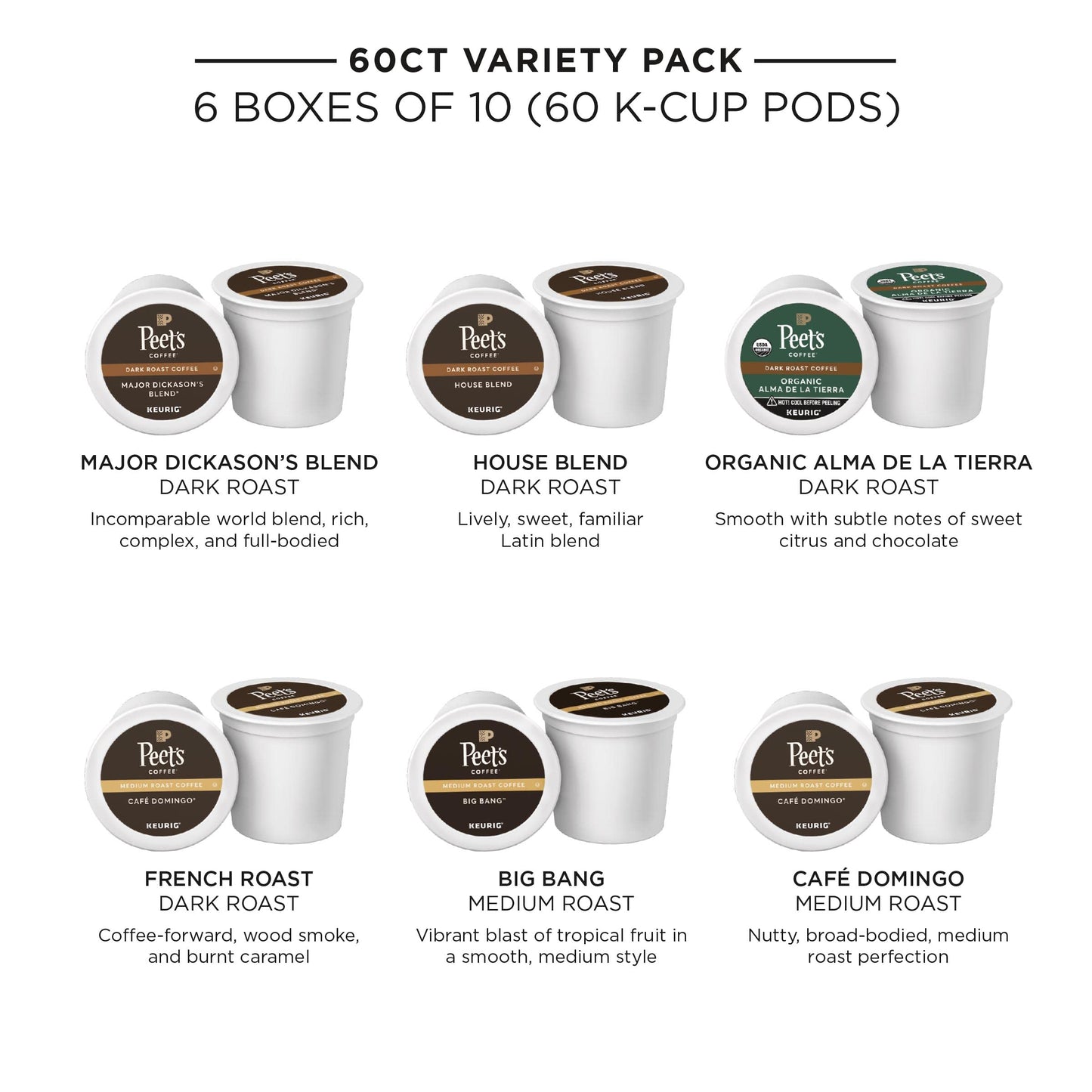 Peet'S Coffee, Bestseller'S Variety Pack - Major Dickason'S, Big Bang, French Roast, Caf   Domingo, Organic Alma De La Tierra, H