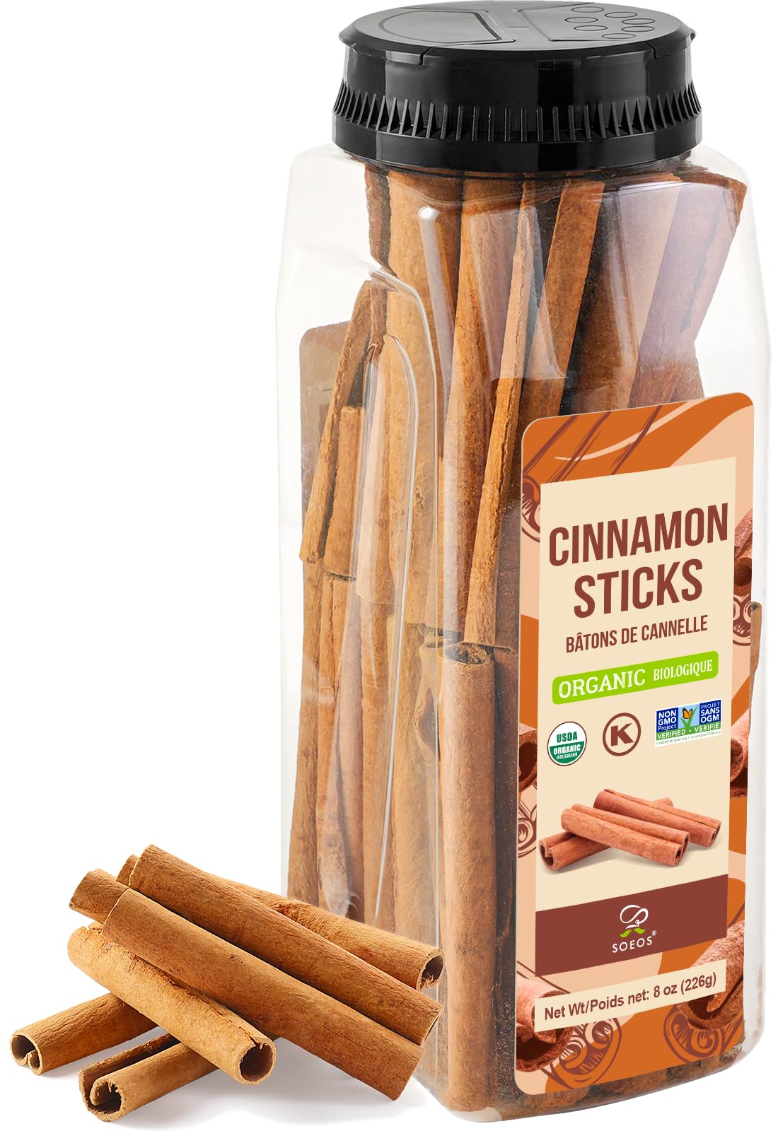Soeos Cinnamon Sticks Organic  8 oz (226g) Bottle  USDA  Non-GMO and Kosher Certified  enhanced Whole Cinnamon for Baking  Cooking  Desserts  and Beverages  Rich Aroma & Warm Flavor  Ideal for Tea  Coffee  and Holiday Recipes
