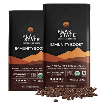Peak State Coffee With Benefits - Mushroom Coffee Organic Coffee Beans - Immunity Boost Medium Roast - Low Acid Coffee - Mold Fr
