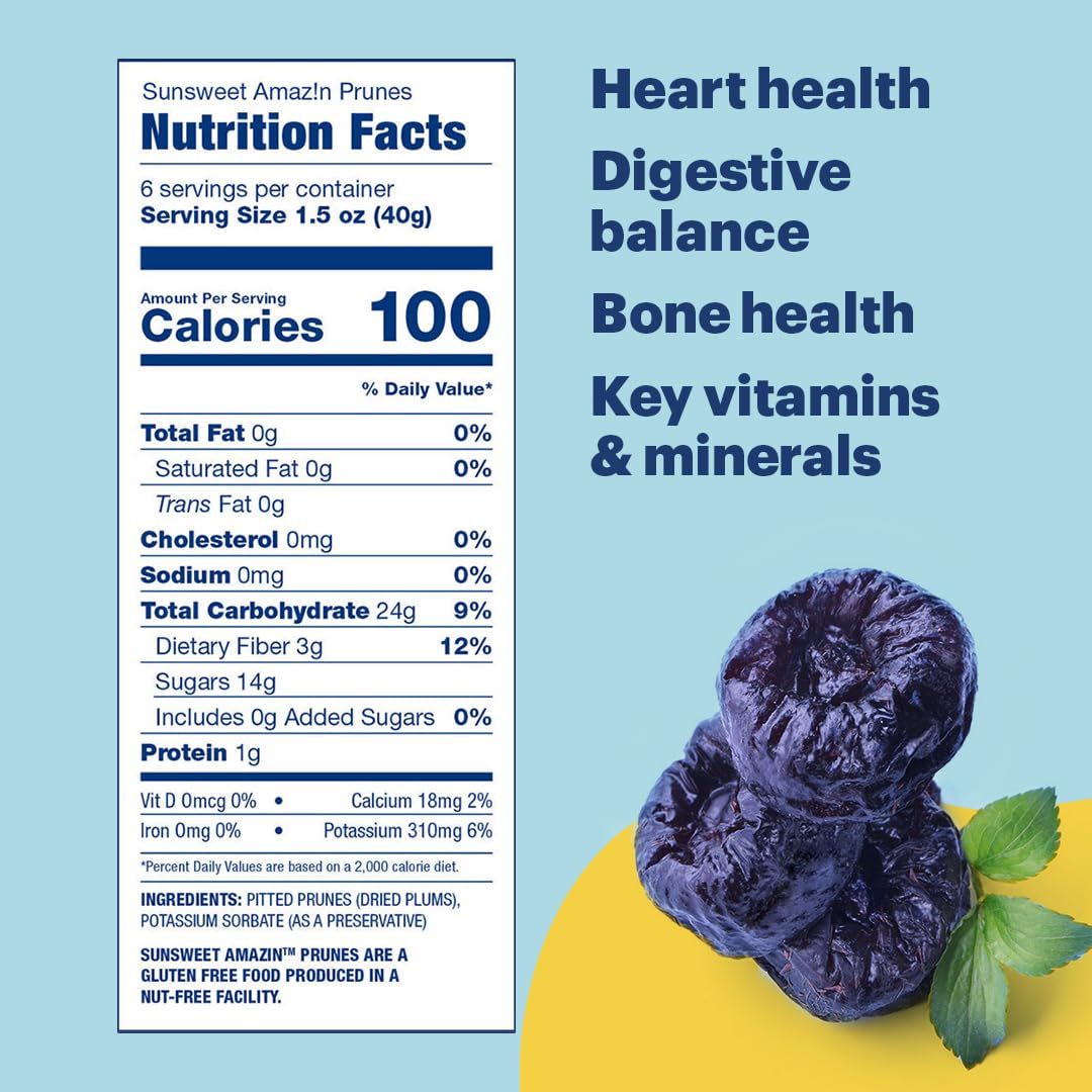 Sunsweet Amazin' Pitted Prunes - Dried Prunes Pitted Unsweetened - Gluten Free, Vegan, Low Fat - Fiber & Minerals - 16 Oz Canister X 3 Pack