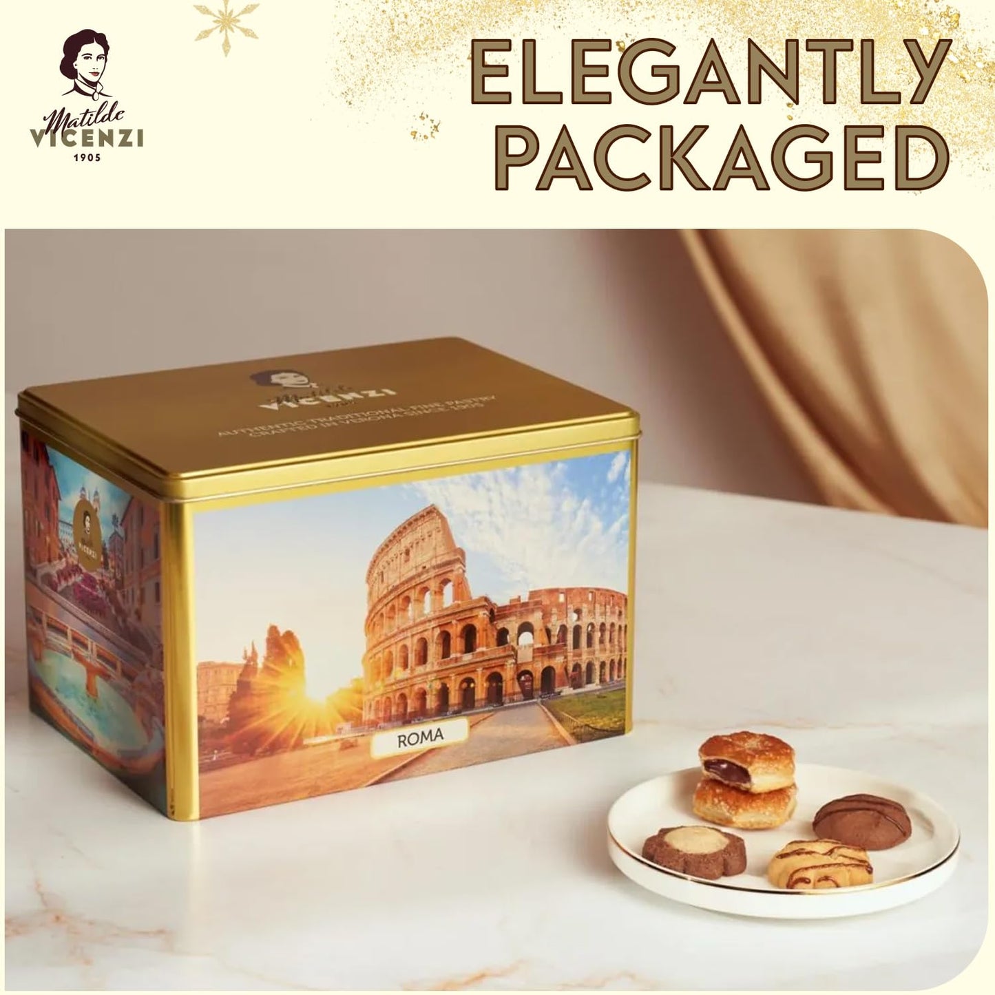 Pasticceria Matilde Vicenzi Roma Cookie Gift Tin - Assorted Italian Pastries & Cookies, 32.5oz (920g), Ideal Gourmet Gift for Holidays