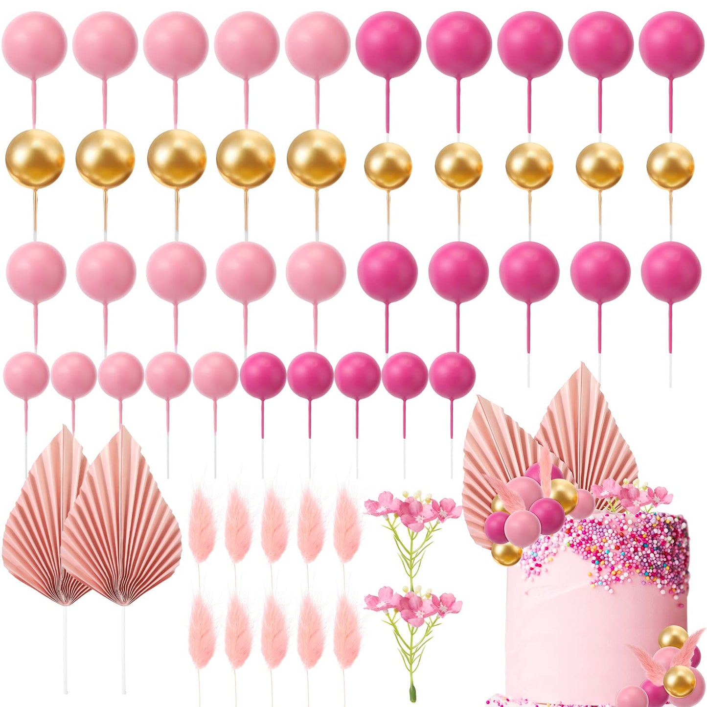 Fumete Boho Cake Topper Set, 53 Pcs Foam Balloons & Palm Leaves, Pink & Gold for Baby Shower, Birthday, Wedding Cake Decoration