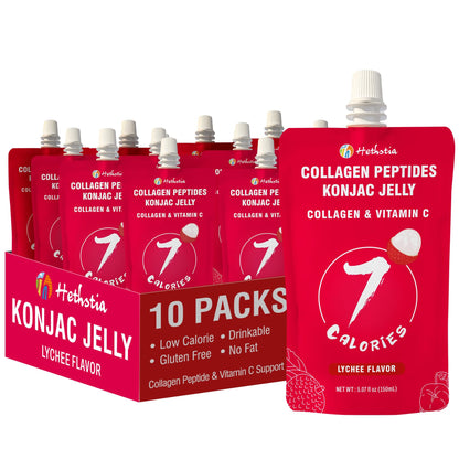 Hethstia Konjac Jelly Squeeze Pouch Lychee Flavor, 10 Packs, 7 Calories, Sugar Free, Gluten Free, Keto, Collagen Peptides, Vitam