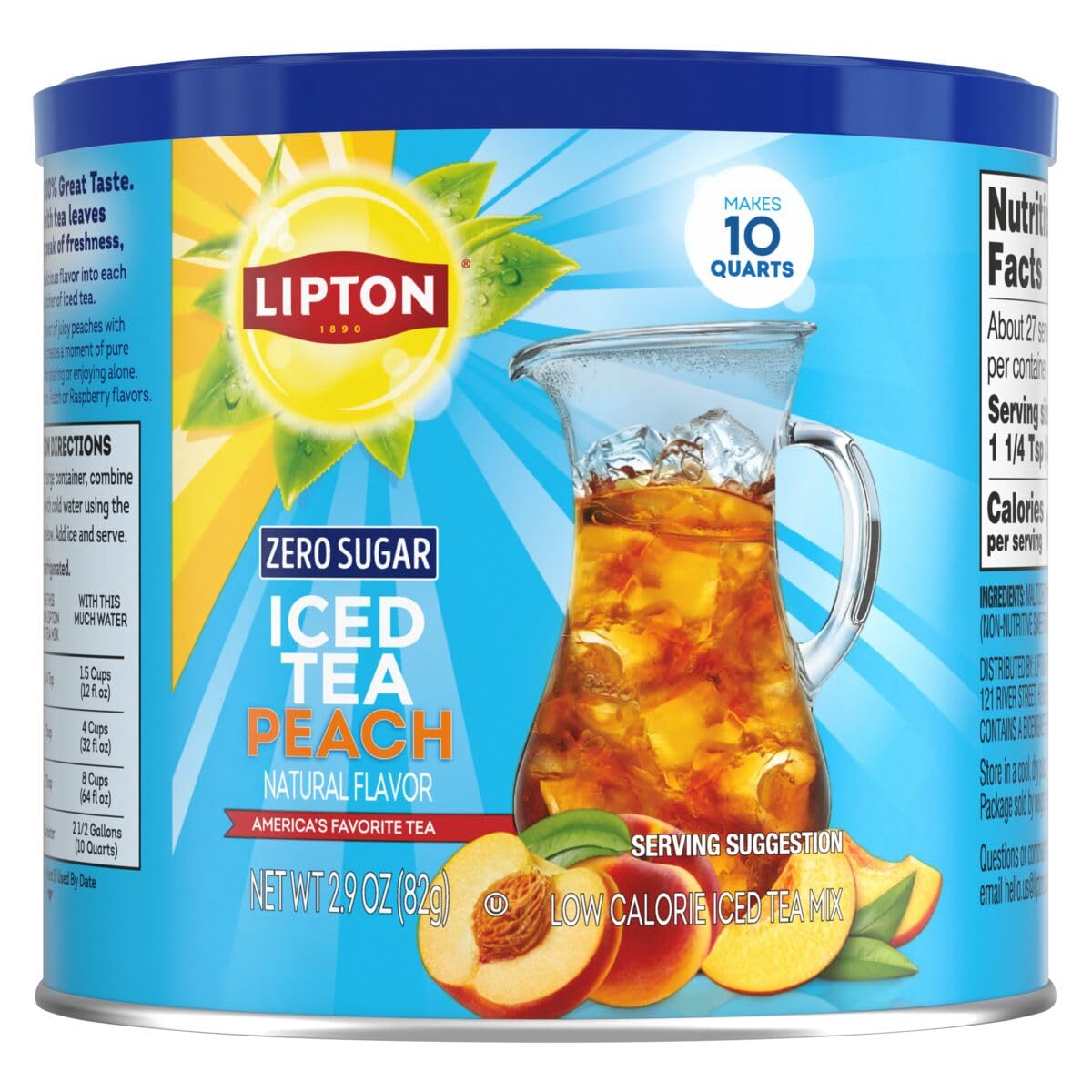 Lipton Zero Sugar Iced Tea Mix  Peach Flavor Black Iced Tea  Makes 10 Quarts