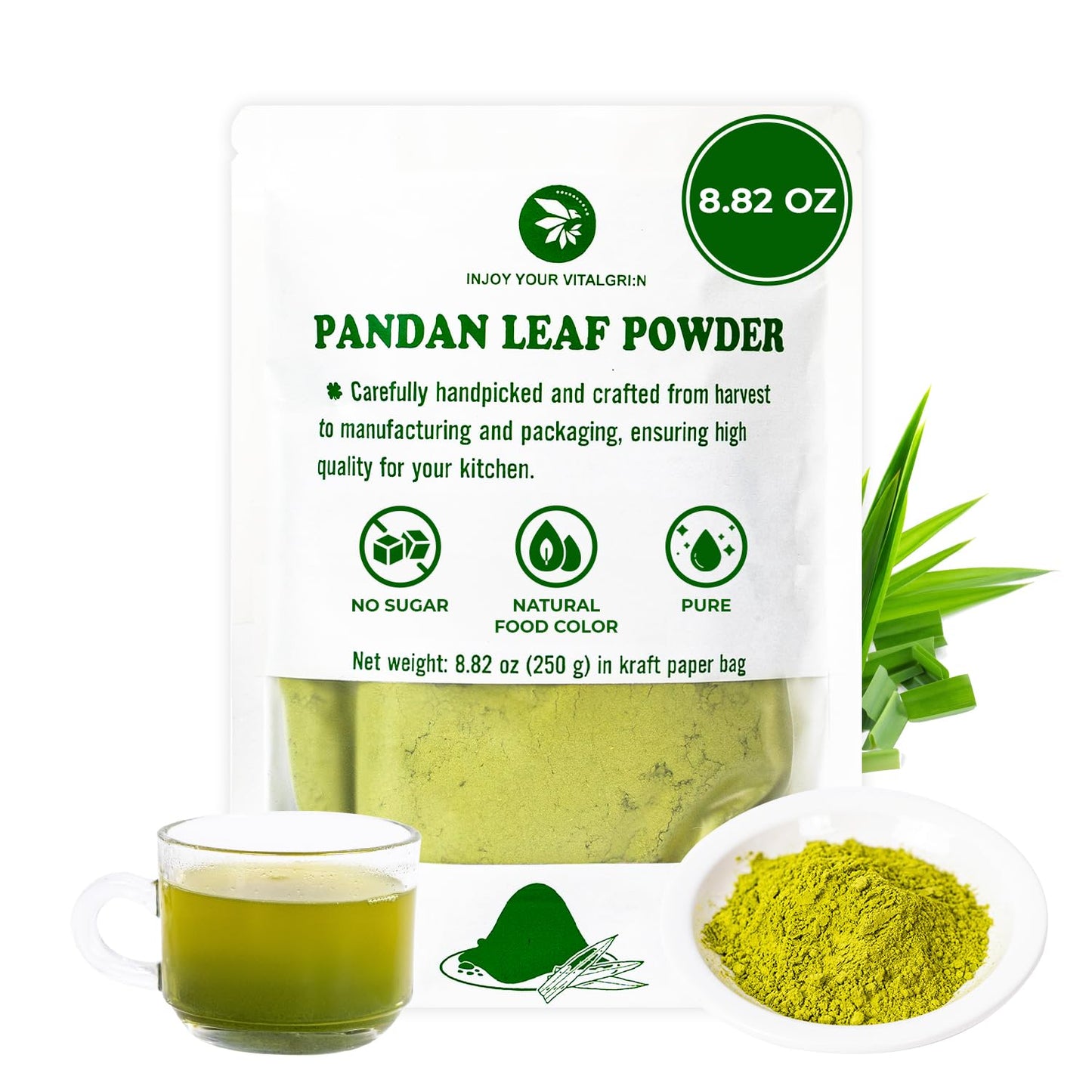 Pandan Leaf Powder 8.82 Oz  Pure & No Sugar Added  Energy Blend Free  Refreshing Taste  Versatile Pandan Leaf Powder For Tea  Smoothie  Cooking  Natural Food Coloring