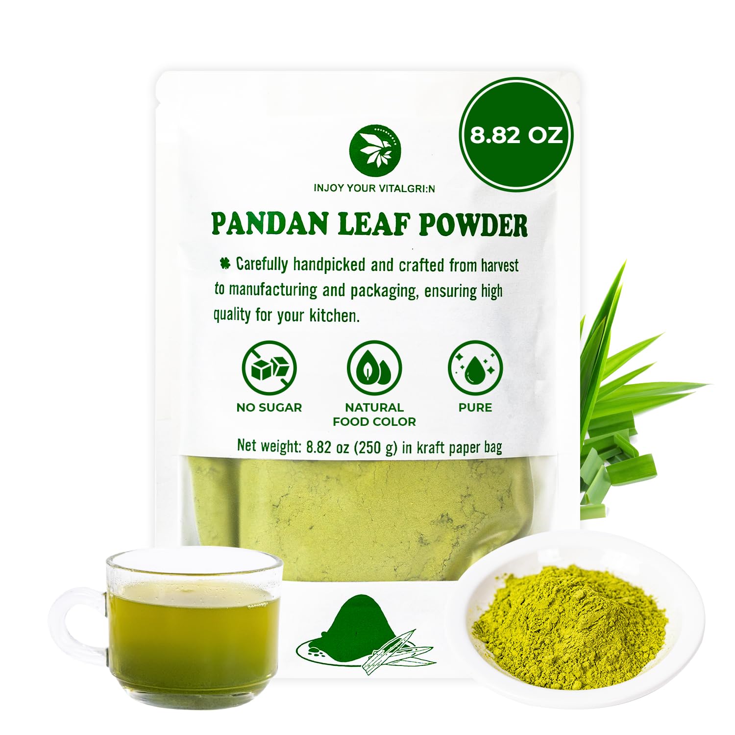 Pandan Leaf Powder 8.82 Oz  Pure & No Sugar Added  Energy Blend Free  Refreshing Taste  Versatile Pandan Leaf Powder For Tea  Smoothie  Cooking  Natural Food Coloring
