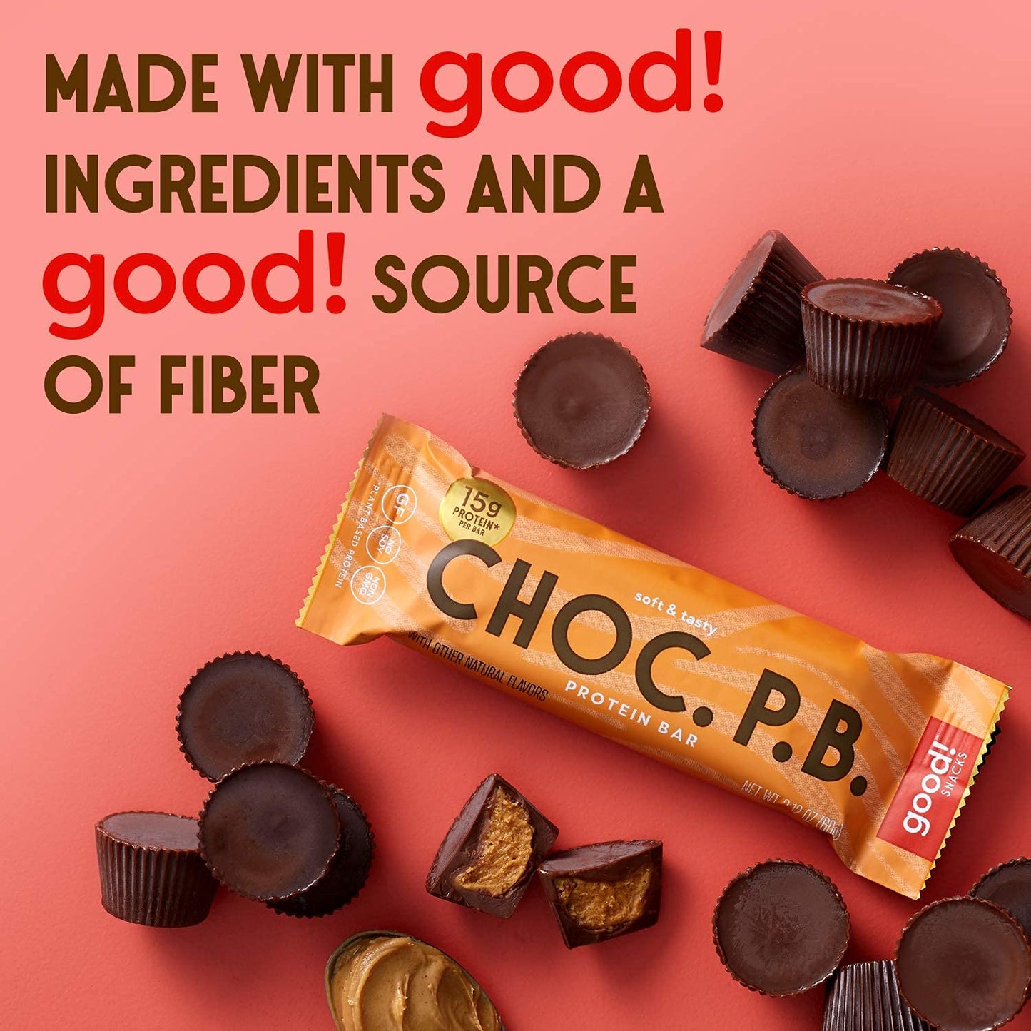 Good! Snacks Chocolate Peanut Butter Vegan Protein Bar, Soy & Gluten Free, Plant Based, Low Sugar, 15G Clean Protein, Natural Healthy Snack, Kosher Friendly, For Athletes & Active Lifestyles, 12 Bars
