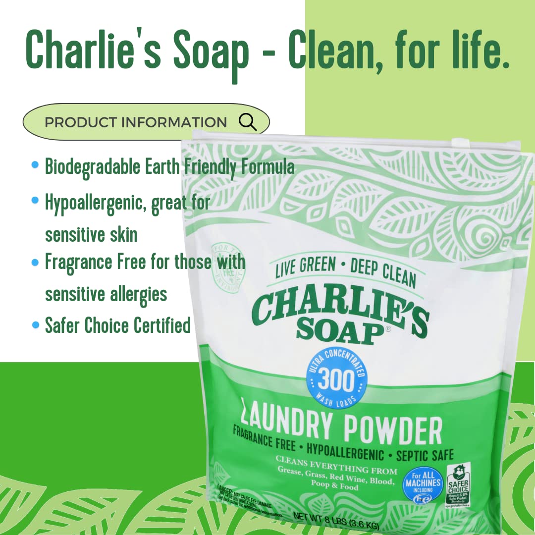 Charlies Soap Hypoallergenic Laundry Powder 8Lb Bag, Pack Of 2, 600 Loads Total, Deep Cleaning Washing Powder Detergent - Eco-Fr