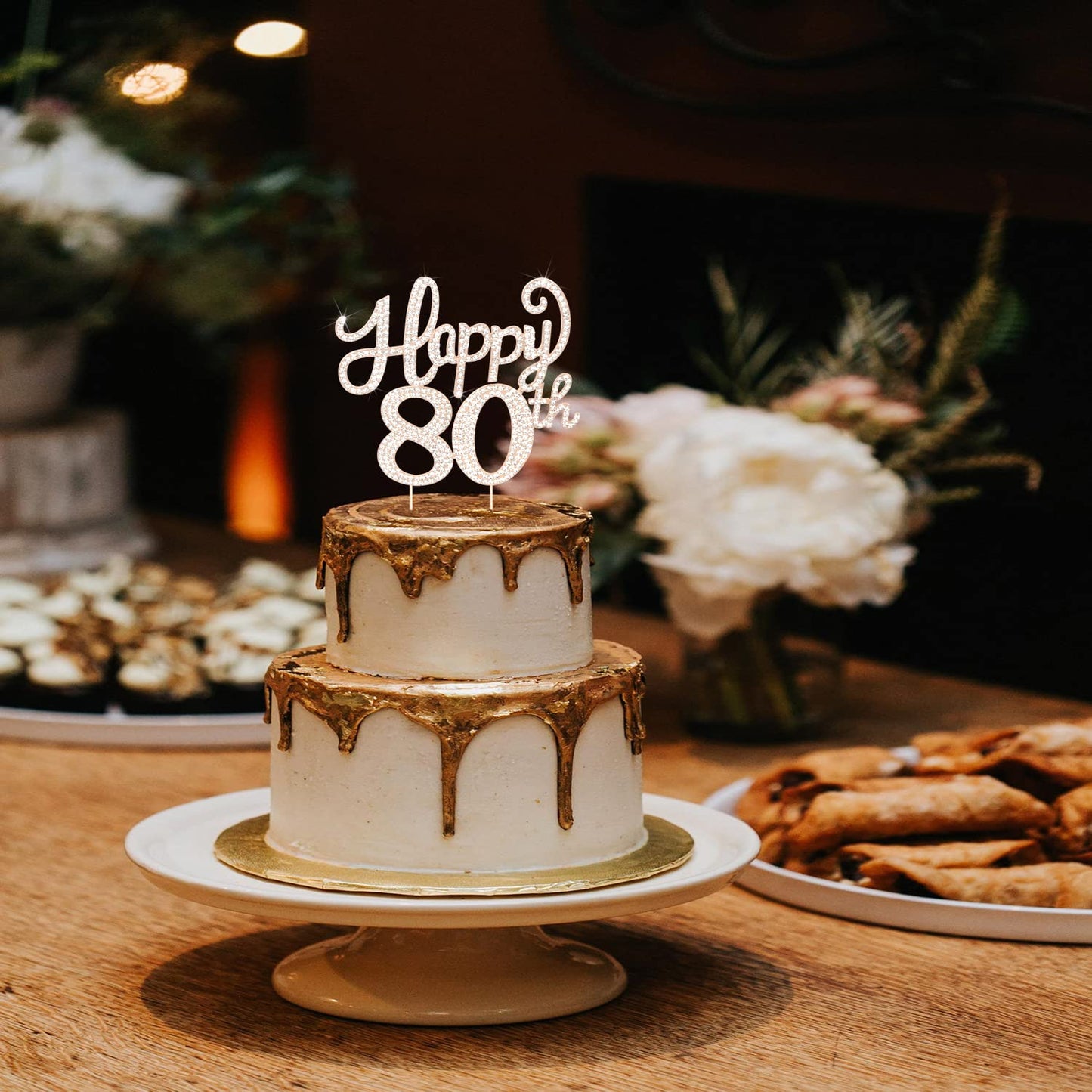 Happy 80th Birthday Decorations,80th Birthday gold Rhinestone cake Topper - cheers to Eighty Years Old Bday Party Metal Sparkly