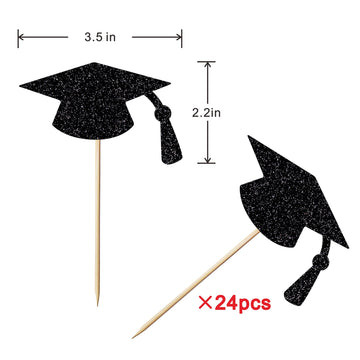 Leetaivie 24Pcs Graduation Cupcake Topper - Black Glitter Graduation Cap Graduation Diploma Cupcake Topper- Class Of 2025 Gradua