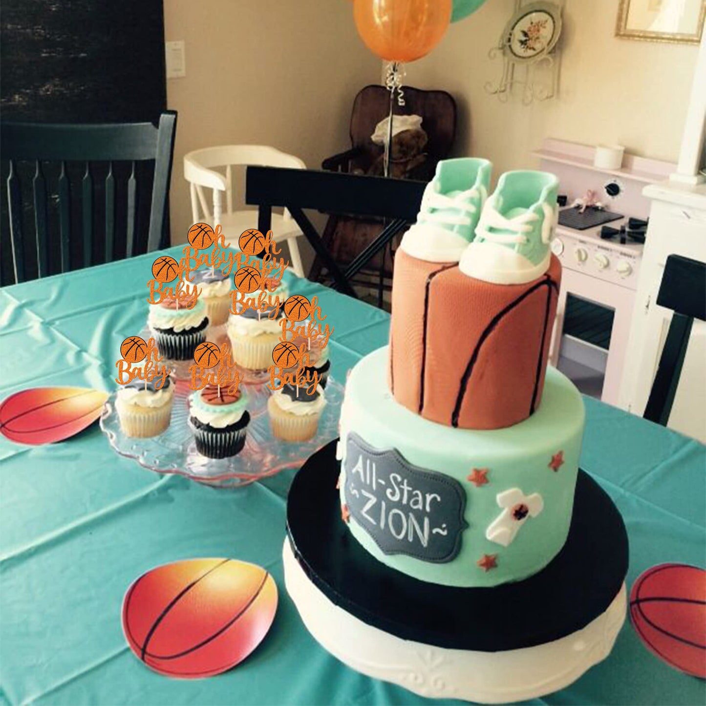 24 Pcs Basketball Oh Baby Cupcake Toppers Glitter Baby Shower Basketball Cupcake Picks For Basketball Sports Theme Baby Shower K