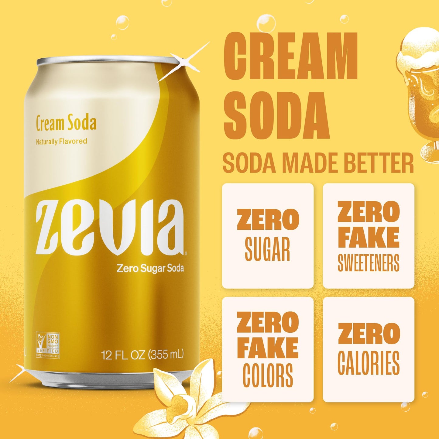 Zevia Zero Sugar Soda, Cream Soda, 12 oz Cans (24-Pack) - Naturally Sweetened, Non-GMO Project Verified, Gluten-Free, Vegan