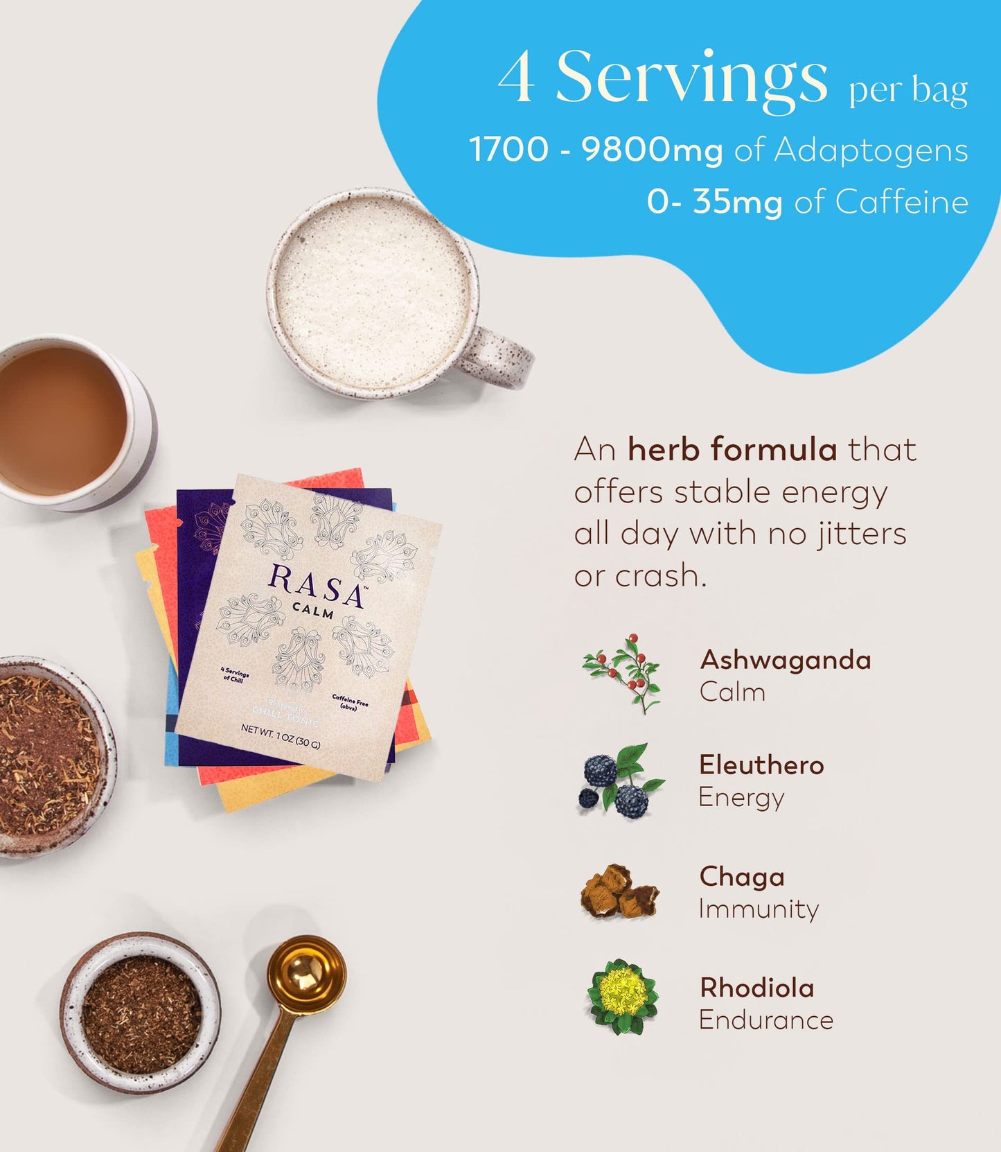 Rasa Taster Pack | Herbal Coffee Alternative With Ashwagandha, Chaga + Reishi For All-Day Energy + Focus - Organic, Adaptogens,