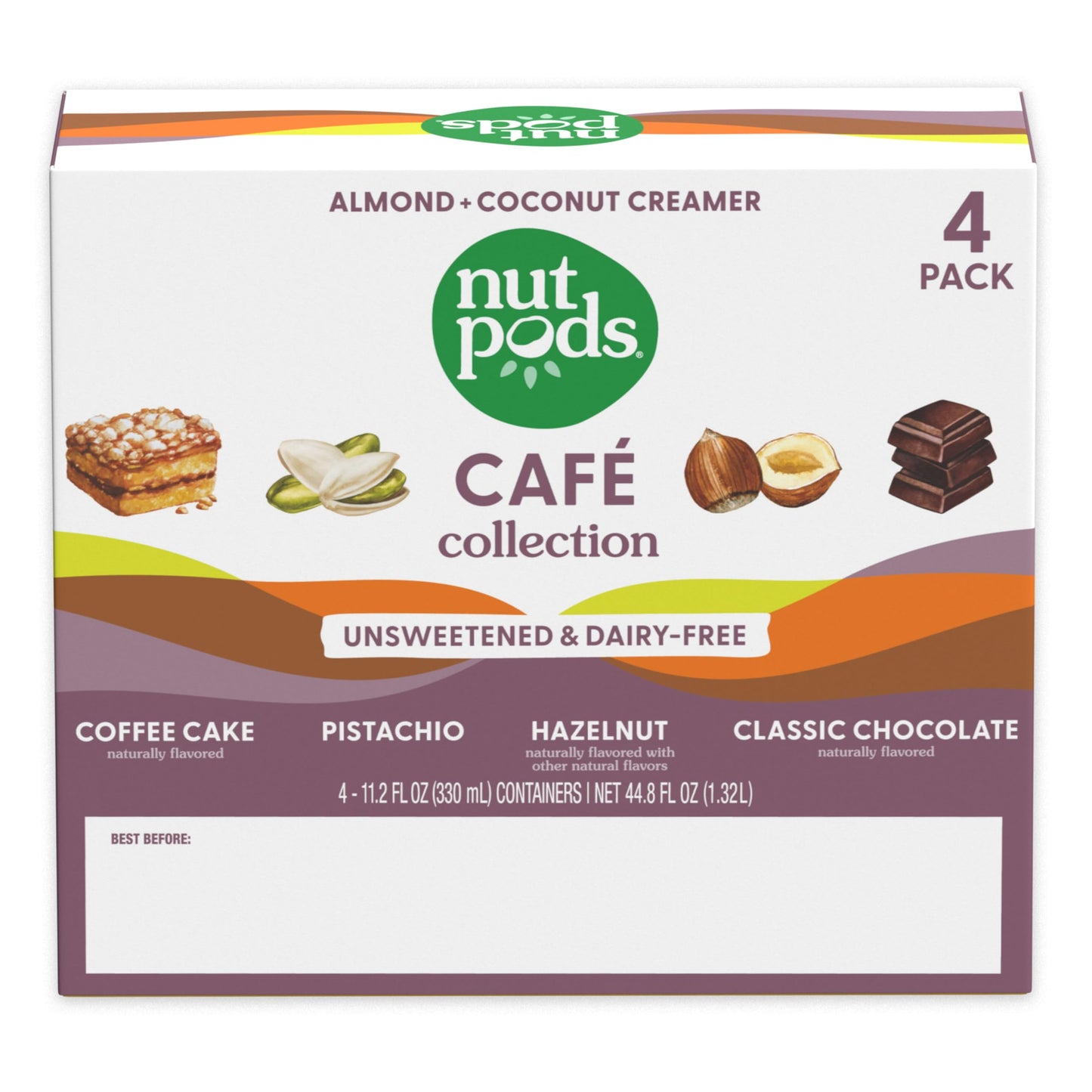 nutpods Cafe Collection Unsweetened Non-Dairy Creamer Pack of 4 - Coffee Cake, Pistachio, Hazelnut, Classic Chocolate, Vegan, Gluten-Free