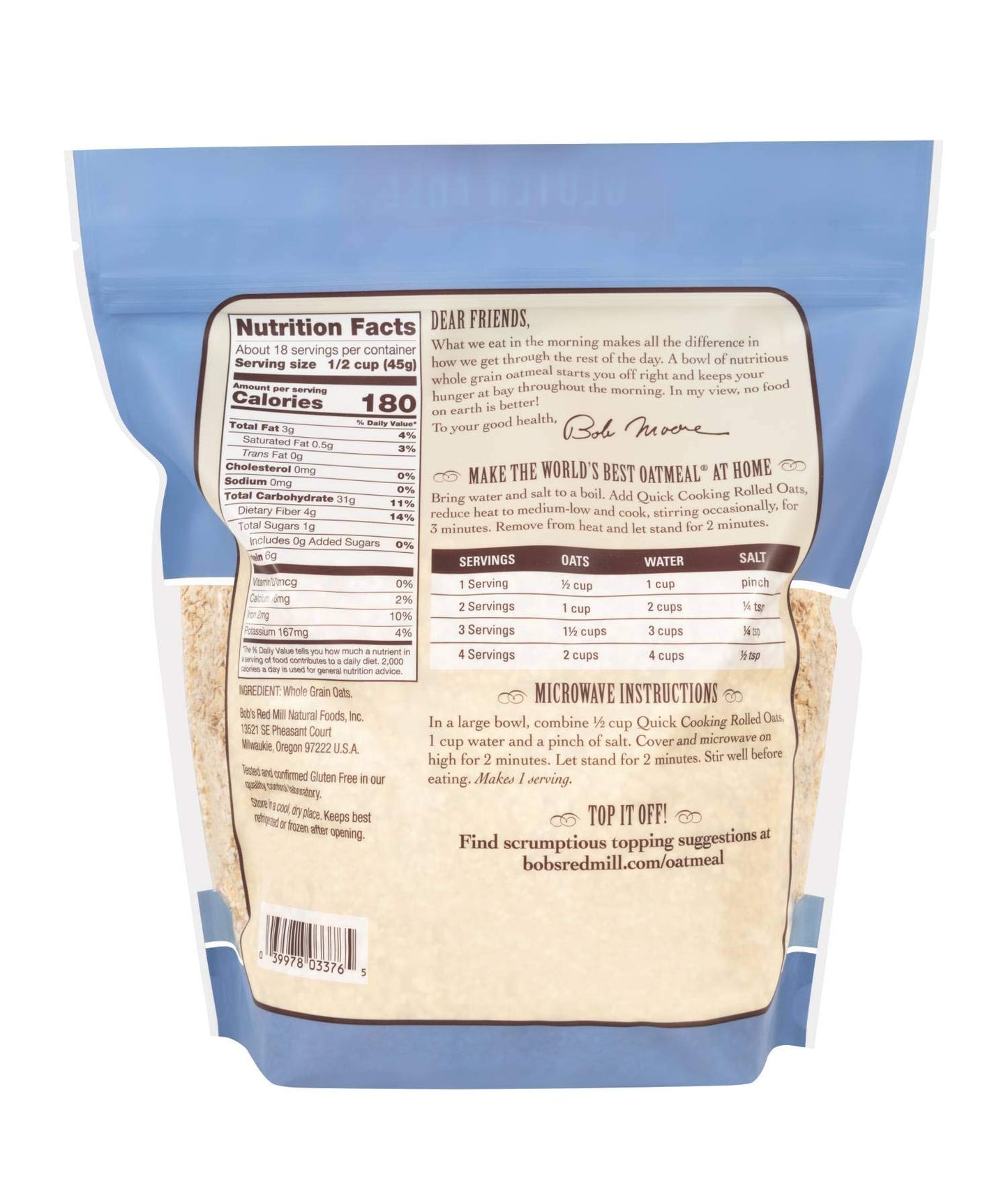 Bob's Red Mill Quick Cooking Rolled Oats, Gluten Free, 28 Ounce