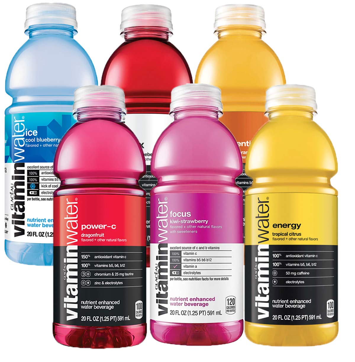 Vitamin Water  Nutrient Enhanced Water With Vitamins  Revive  Focus  Essential  18+ Use Category  Energy  Ice  Power C  20 Oz Bottle  Variety Pack  Flavors May Vary  (Pack Of 6 Bottles  Total Of 120 Oz)