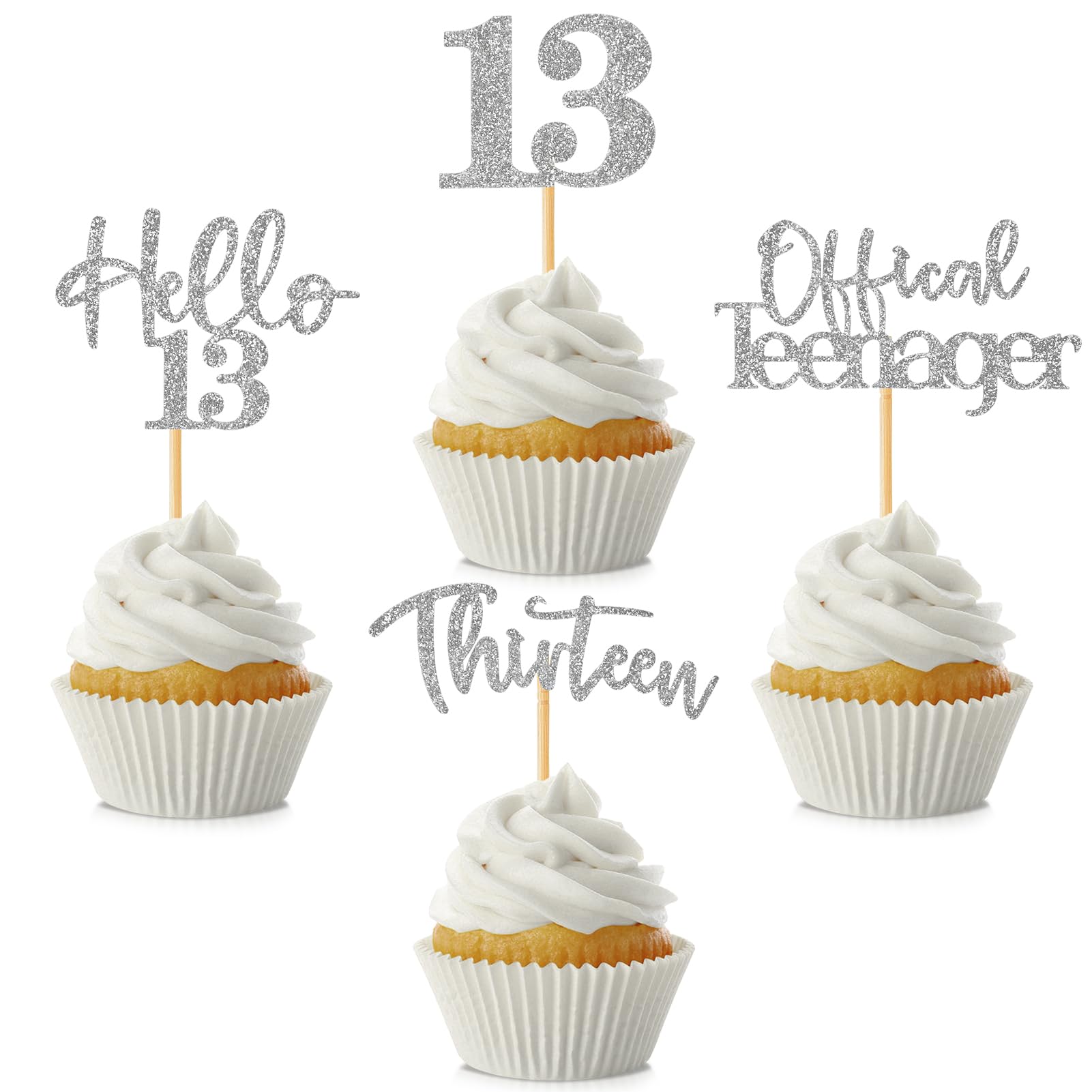 48Pcs 13Th Birthday Cupcake Toppers Glitter Hello 13 Cupcake Topper 13 Official Teenager Thirteen Cupcake Picks For Happy 13Th B