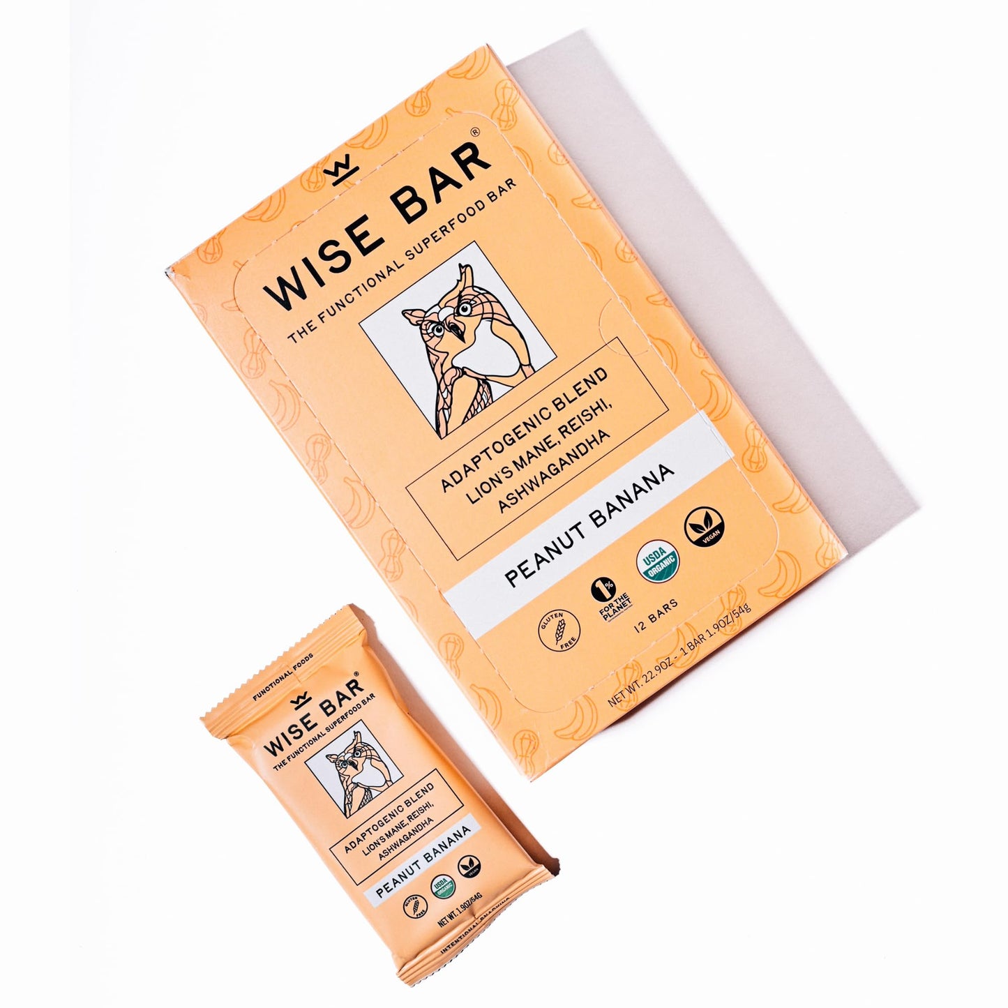 Wise Bar Adaptogen Mushroom Nutrition Bars With Reishi, Lions Mane & Ashwagandha, Organic Vegan & Gluten Free Snacks For Natural Focus, Energy & Immunity Support, Peanut Butter Banana, 12 Count