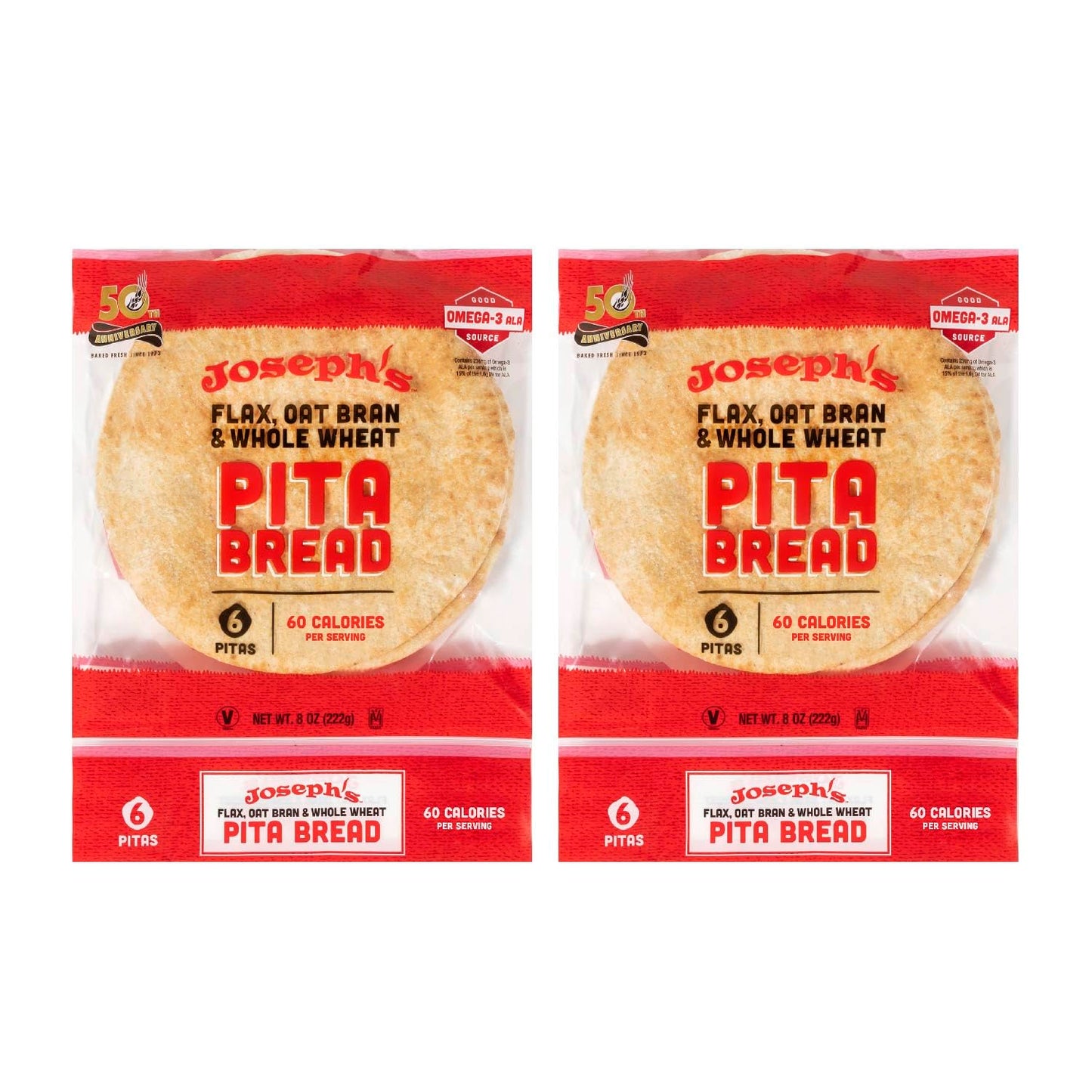 Joseph'S Pita Bread Value 2-Pack, Flax Oat Bran And Whole Wheat, 7G Net Carbs Per Serving, Fresh Baked (6 Per Pack, 12 Pitas Tot