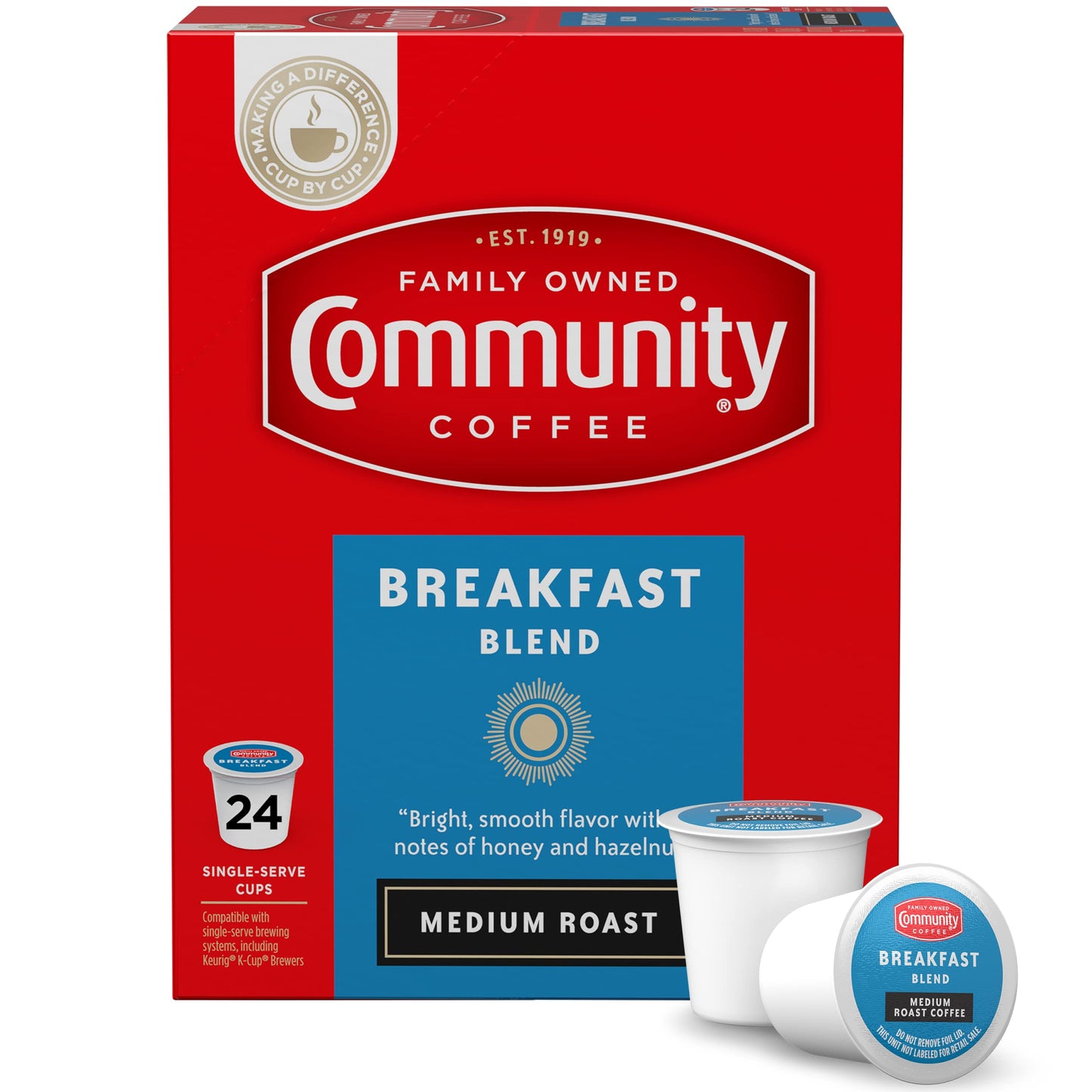 Community Coffee Breakfast Blend Coffee Pods, Medium Roast, 24 Count, Compatible with Keurig 2.0 K-Cup Brewers