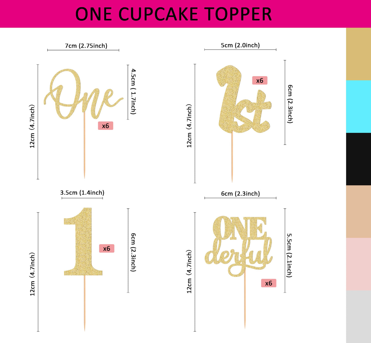 24Pack First Birthday Cupcake Topper - Glitter Gold One Cupcake Picks,1St Birthday Cupcake Decorations Supplies (Gold)