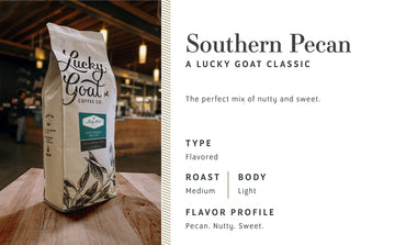 Lucky Goat Flavored Ground Coffee, Southern Pecan, Medium Roast, 5 lb Bag, 100% Arabica, Low Acidity, Smooth, 80 Ounce