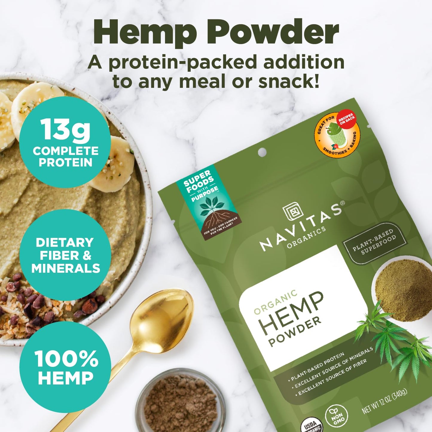 Navitas Organics Hemp Powder, 32 oz. Bag, 30 Servings - Organic, Non-GMO, Cold-Pressed, Gluten-Free