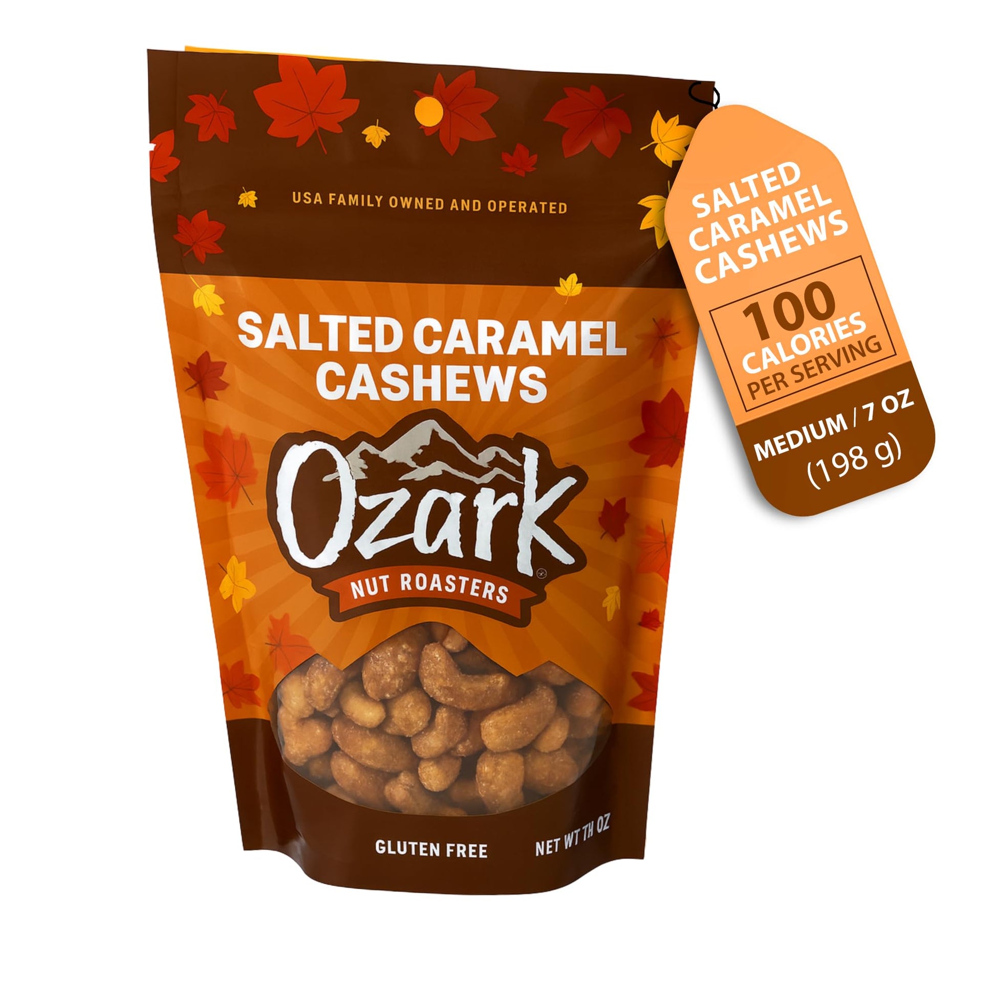 Ozark Nut Roasters Salted Caramel Cashews, Gourmet Candied Nuts Snack, Gluten-Free, Sea Salt & Caramel Glazed Cashews, Seasonal Fall Gift Packaging, 7 Oz