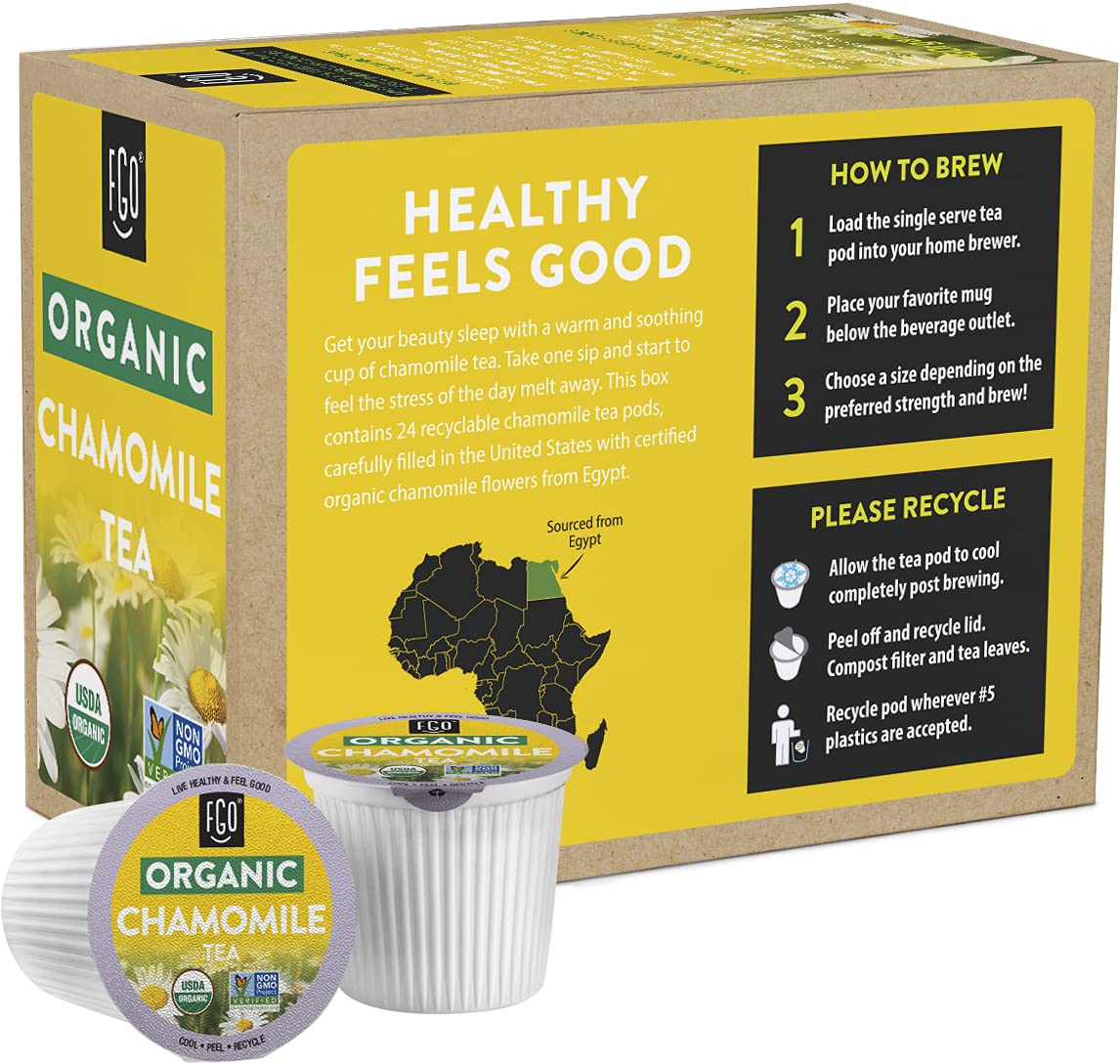 Organic Chamomile Herbal Tea K-Cup Pods  24 Pods by FGO - Keurig Compatible - Naturally Caffeine-Free Tea  enhanced Green Tea is USDA Organic  Non-GMO  & Recyclable