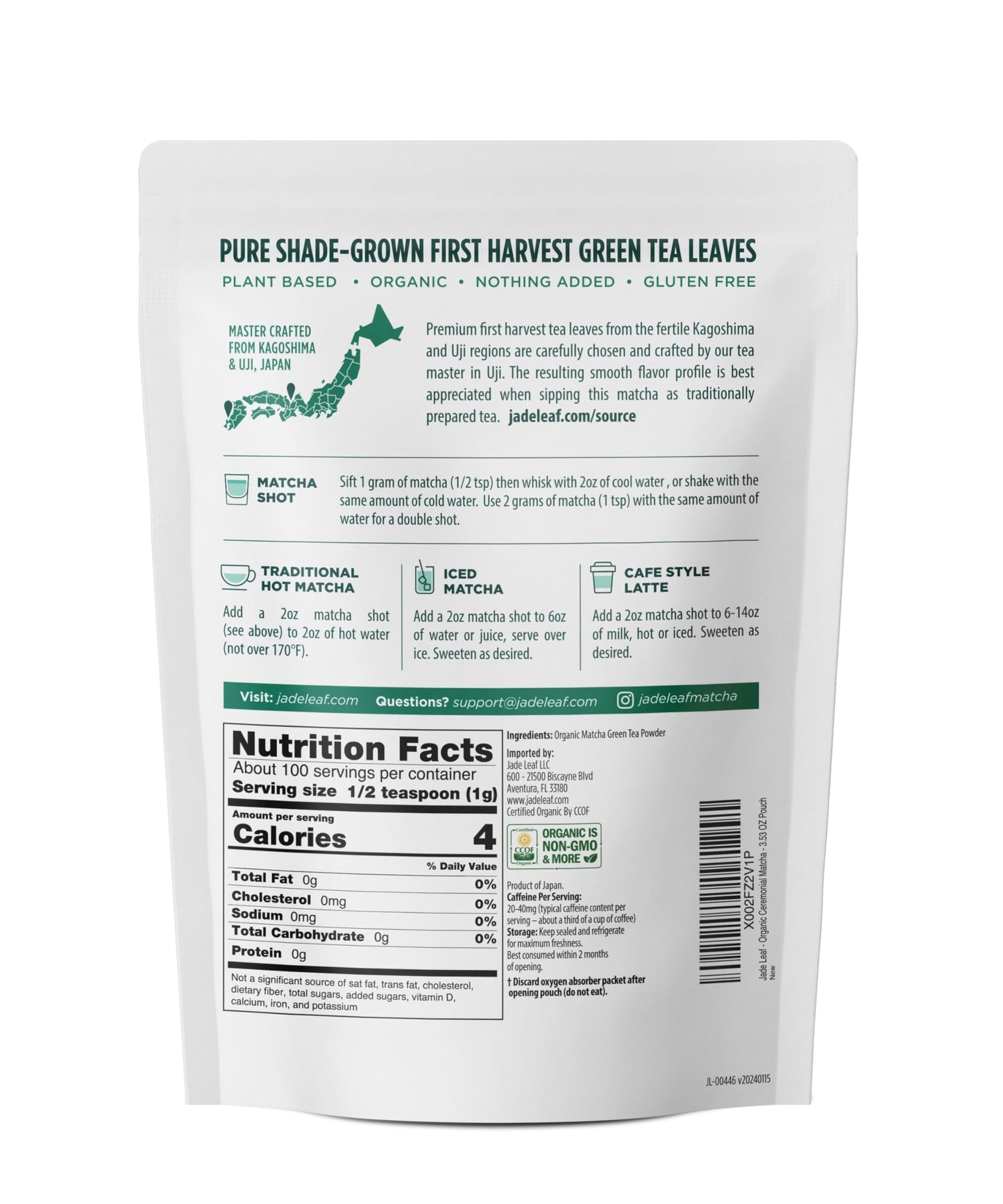 Jade Leaf Matcha Organic Premium Ceremonial Grade Green Tea Powder - 3.53 Ounce - Culinary Ingredient for Latte and Barista Use - Powder