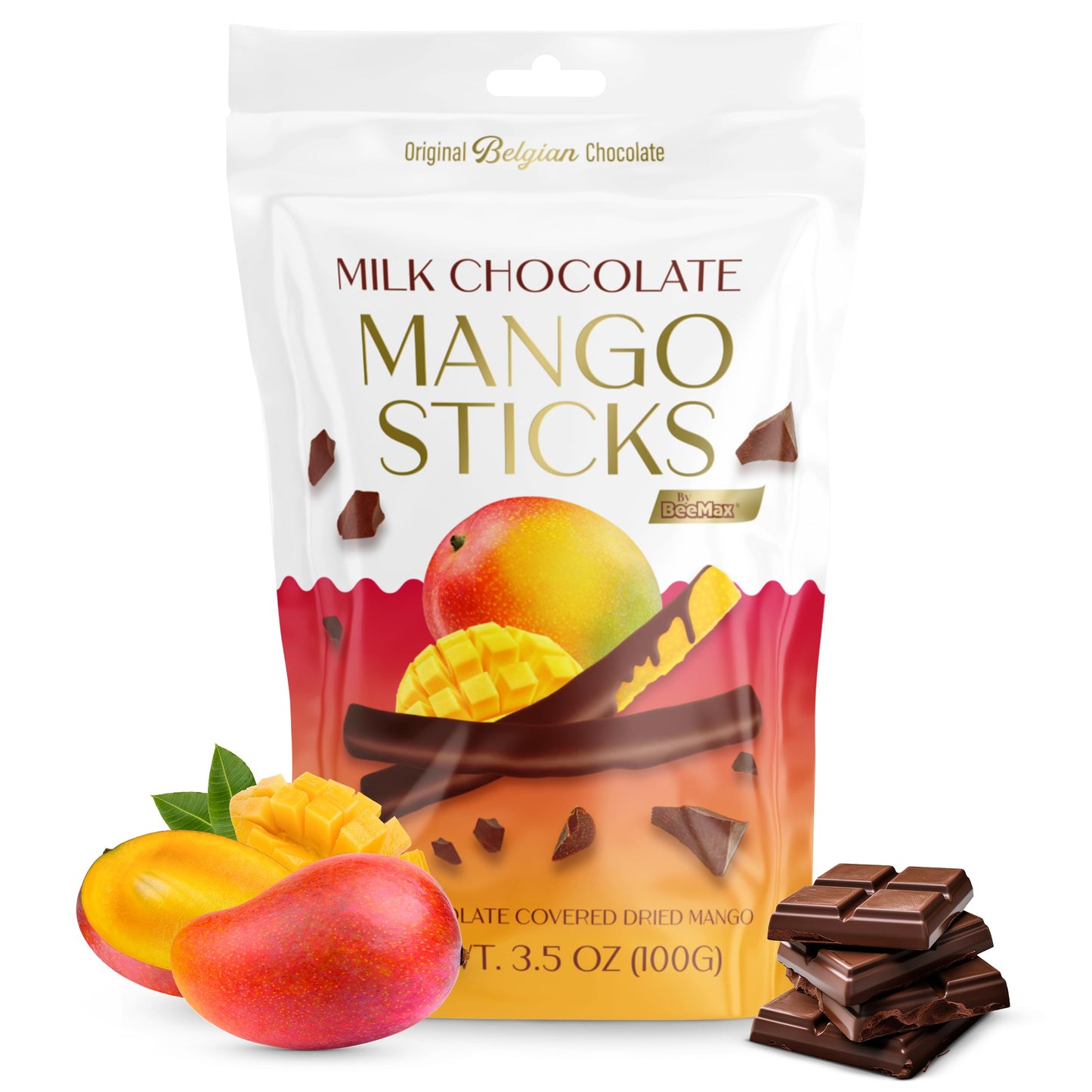 BEEMAX Belgian Chocolate Covered Fruit Sticks - Gourmet Dried Fruit Treat, Milk Chocolate, 3.5 oz Resealable Pouch