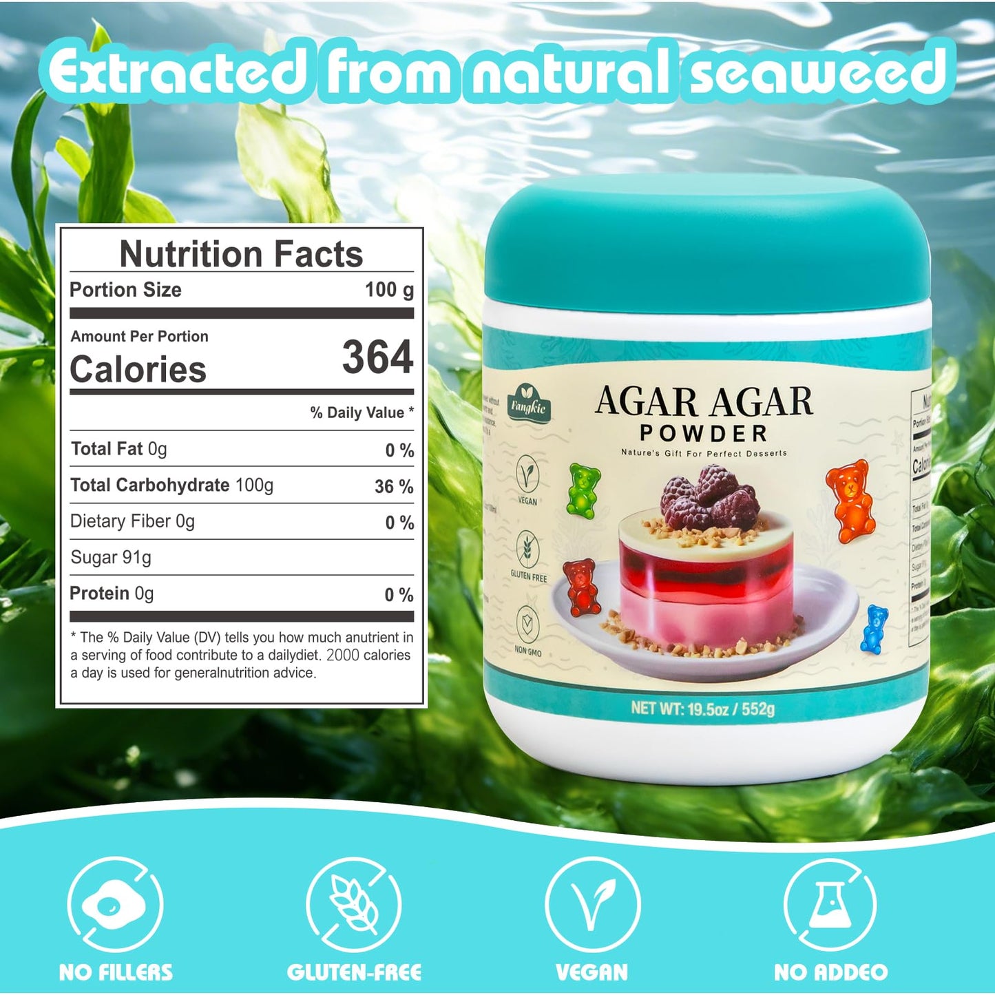Fangkic Agar Agar Powder - 100% Natural Sea  Thickener, Unflavored, Vegan, 19.5oz