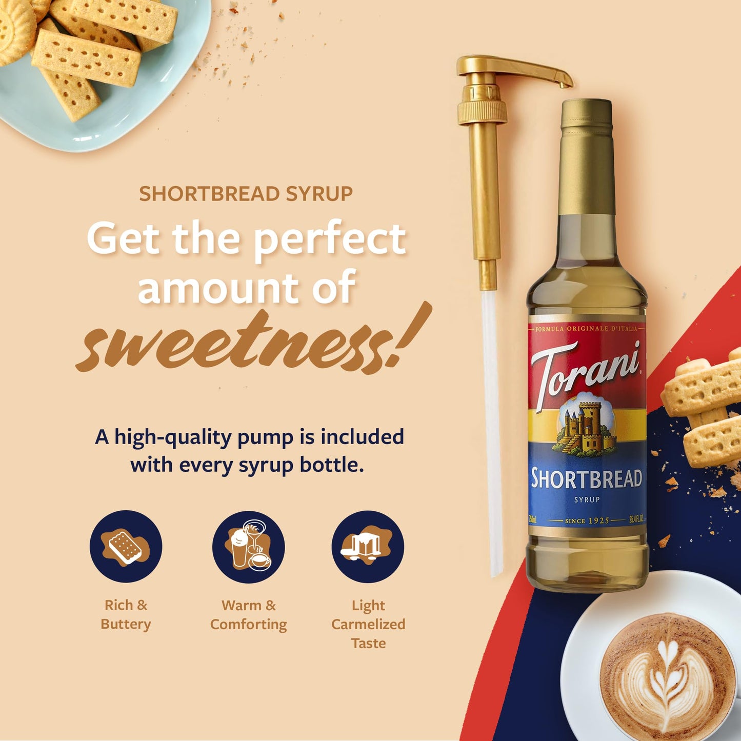 Torani Coffee Syrup, Shortbread Flavored Syrup for Drinks, Pump Included, 25.4 Fl Oz