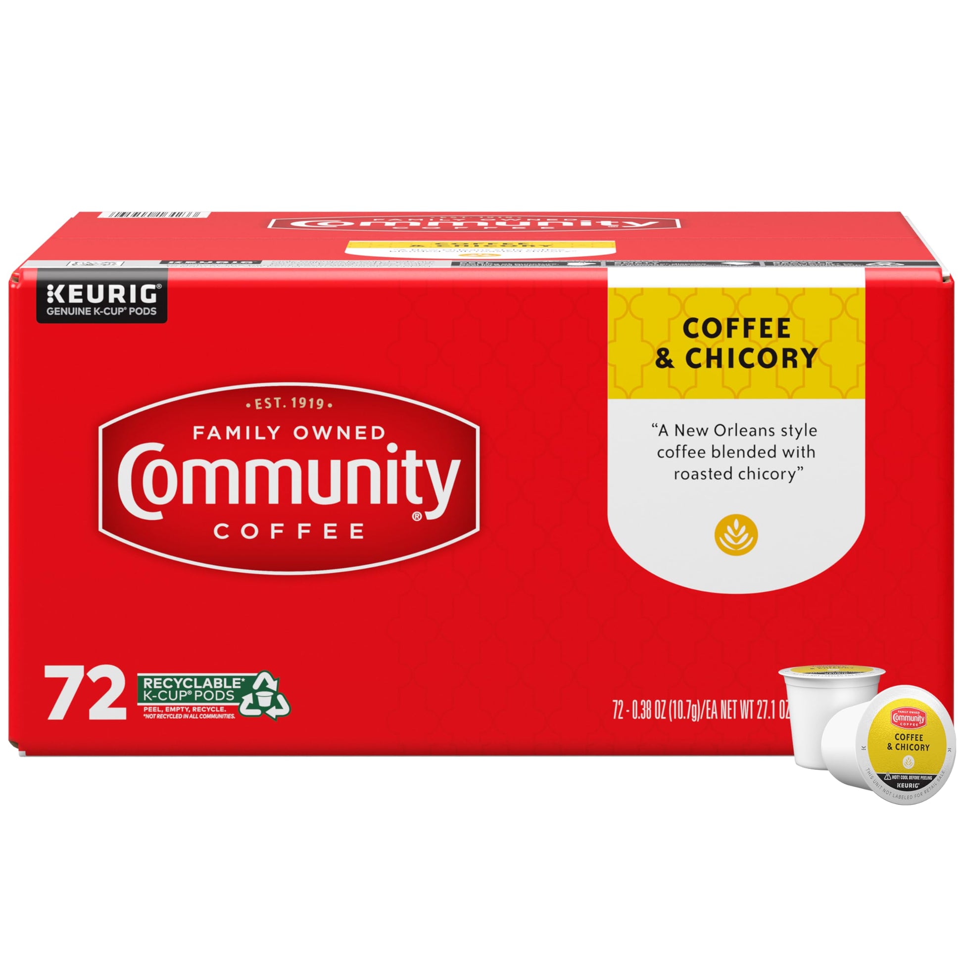 Community Coffee Coffee & Chicory Pods, Medium-Dark Roast, Compatible with Keurig 2.0, 72 Count (Pack of 1)