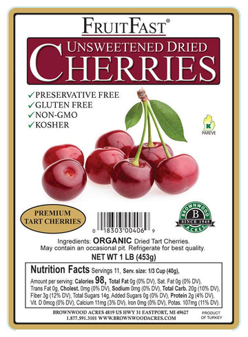 Fruitfast Organic Unsweetened Dried Cherries By | Non-Gmo, Gluten Free, Kosher Certified All Natural Healthy Snack Alternative (