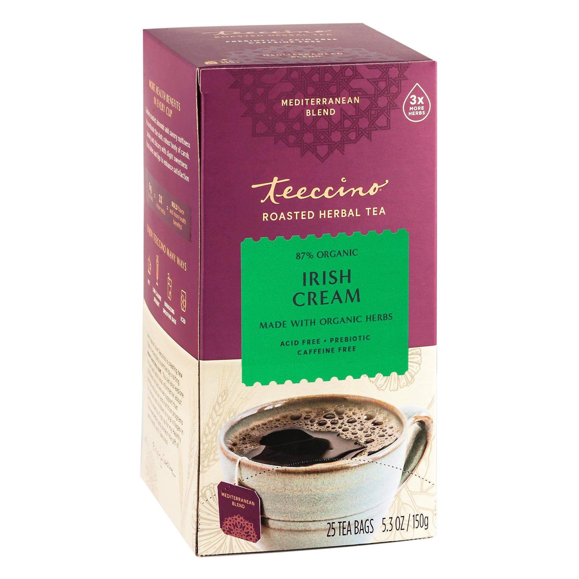 Teeccino Irish Cream Herbal Tea, Caffeine-Free & Prebiotic, 25 Tea Bags