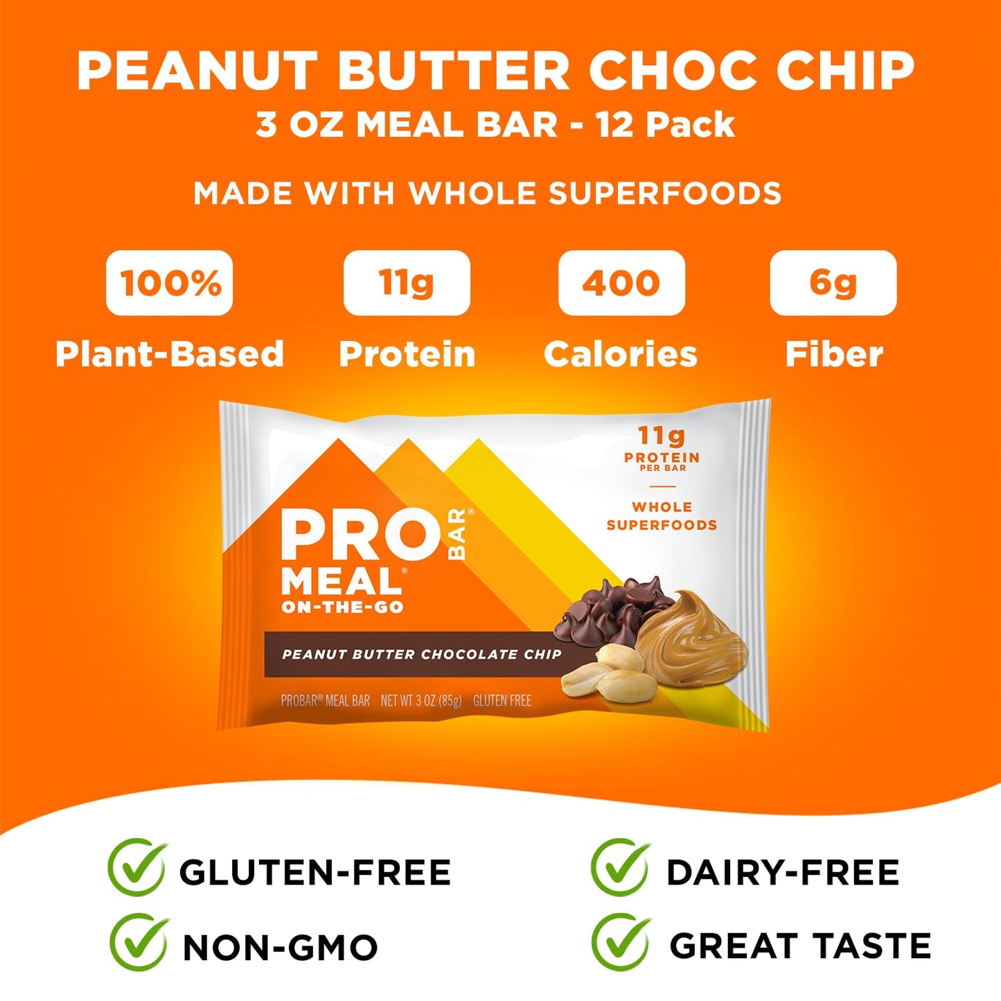 Probar - Meal Bar, Peanut Butter Chocolate Chip, Non-Gmo, Gluten-Free, Healthy, Plant-Based, Whole-Food Ingredients, Natural Energy (12 Count)