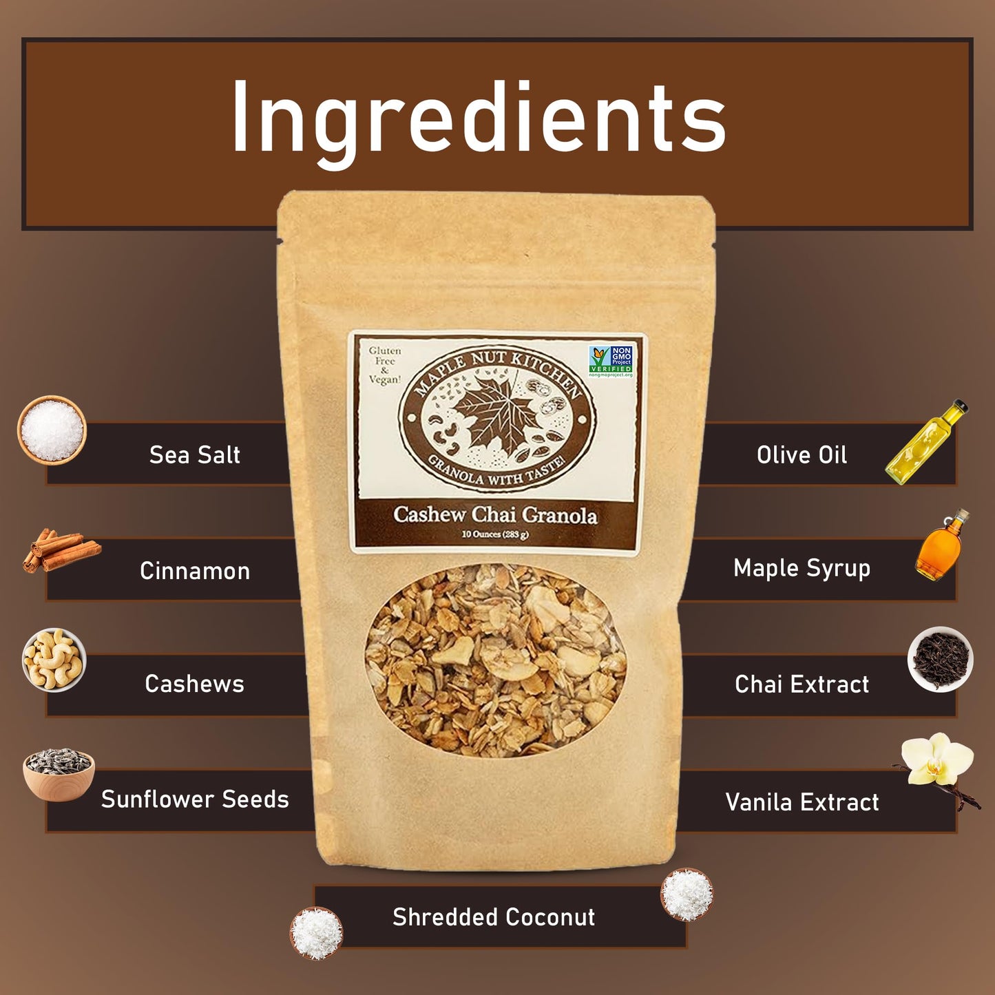Maple Nut Kitchen Gluten-Free Chai Granola With Cashews, Sunflower Seeds, And Shredded Coconut - Delicious Breakfast Cereal And