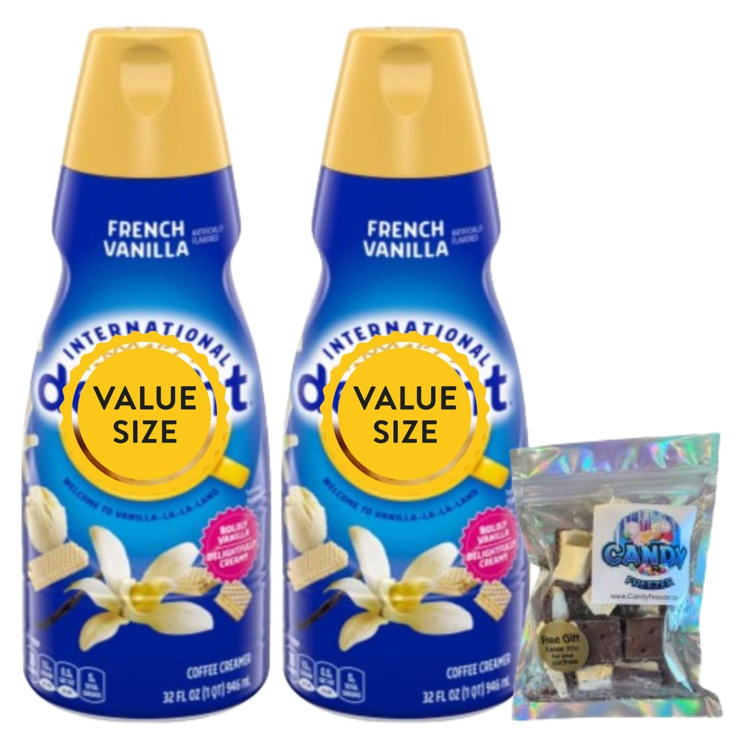 French Vanilla Liquid Coffee Creamer.- Pack of Two (2) 32 fl oz Bottles of Smooth & Creamy Delightful Coffee Creamer with Candy 
