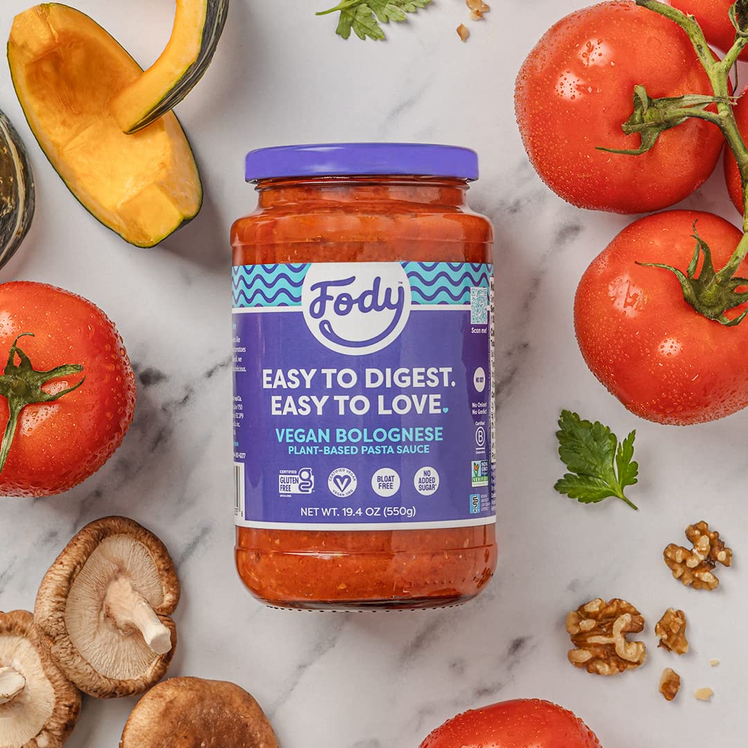 Fody Foods Vegan Bolognese Pasta Sauce, 19.4 Ounces, Low Fodmap Certified & Gut Friendly, Premium Quality Ingredients, Non-Gmo,