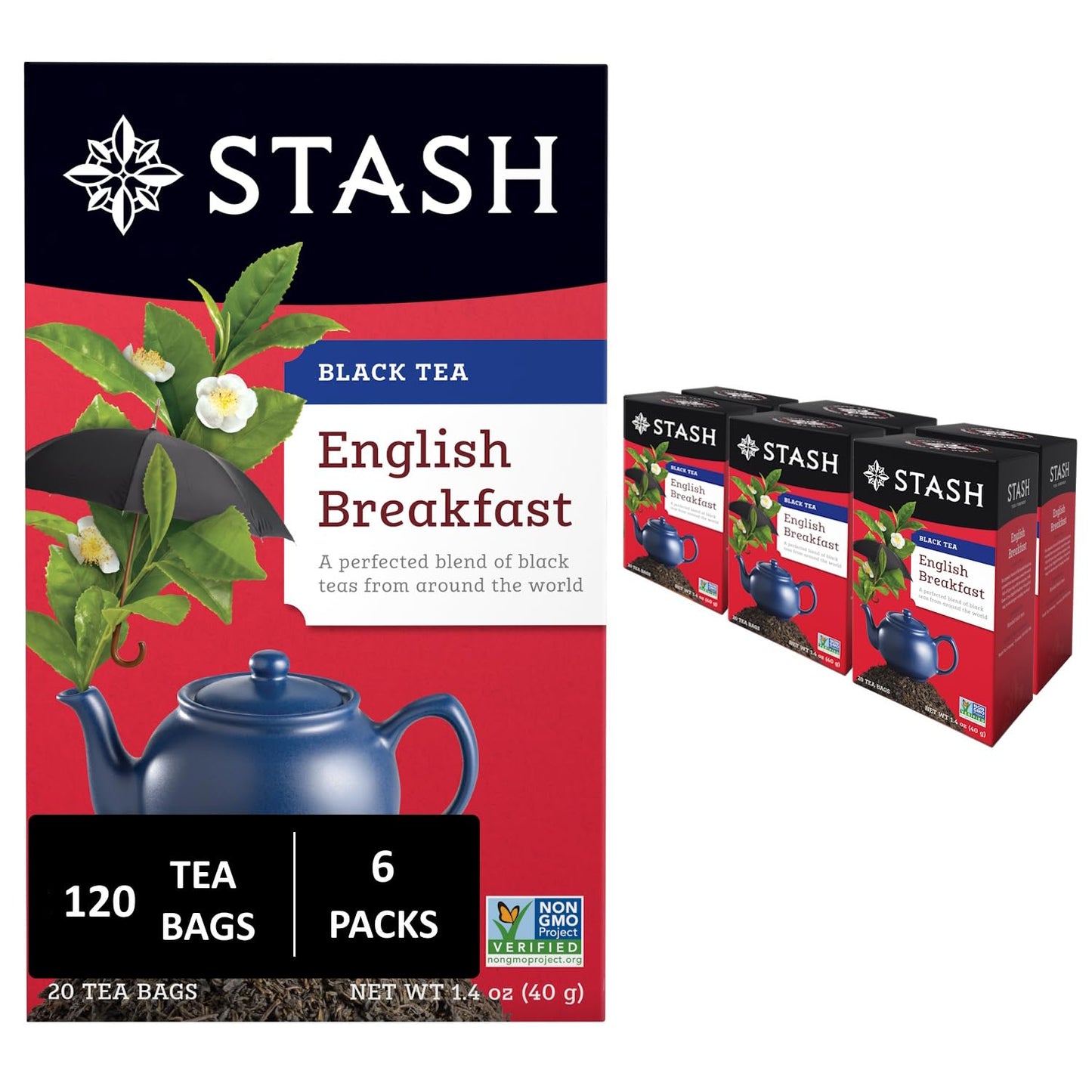 Stash Tea English Breakfast Black Tea - Caffeinated, Non-GMO, 20 Count (Pack of 6) - 120 Bags Total