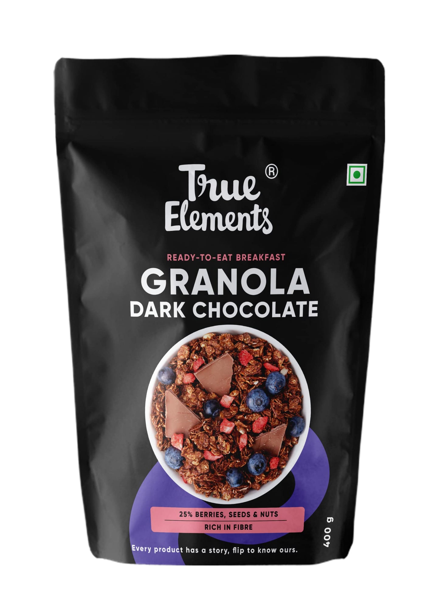 True Elements Granola Dark Chocolate 400g - Baked Granola | Almonds, Berries & Dark Chocolate | Granola for Breakfast | High Fib