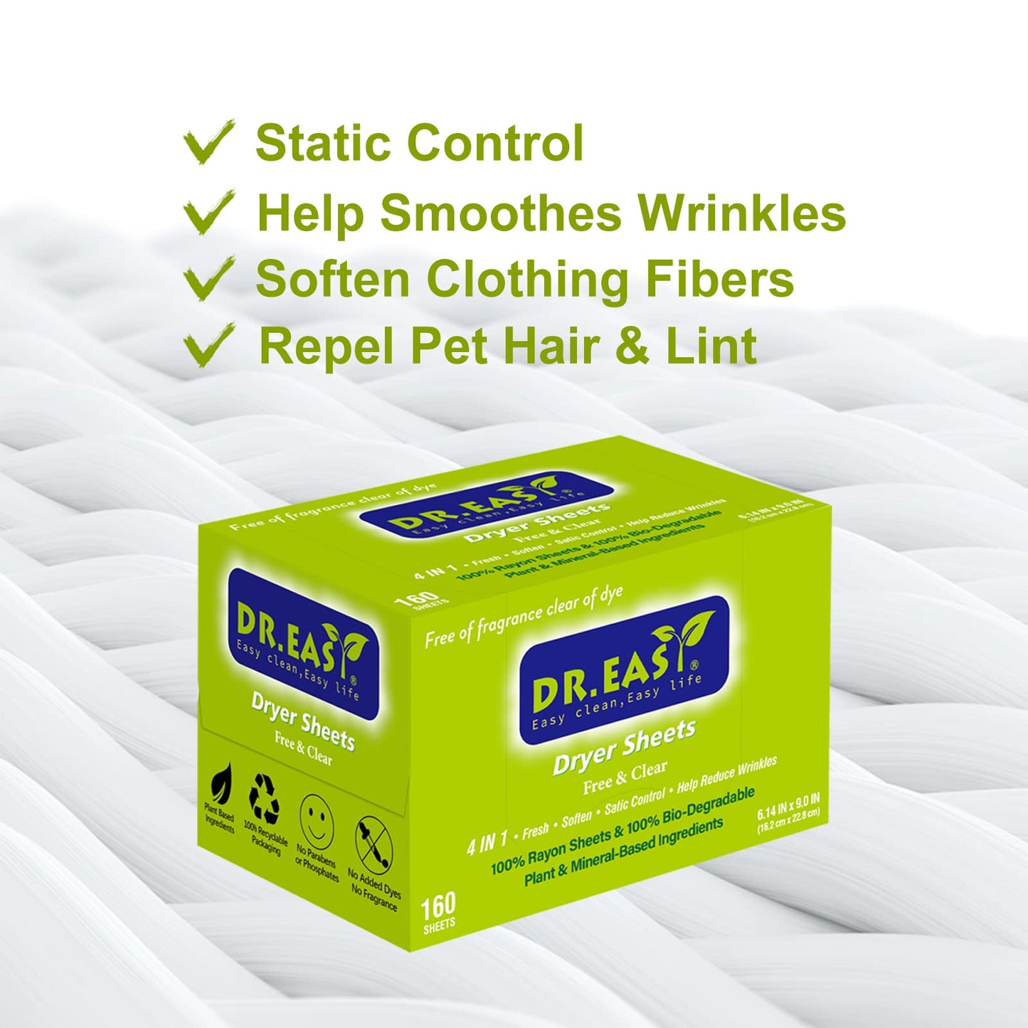 Dr.Easy Dryer Sheets Free & Clear Plant Based All Ingredients For Sensitive Skin 160 Ct 100% Rayon Fabric Softener Sheet Unscent