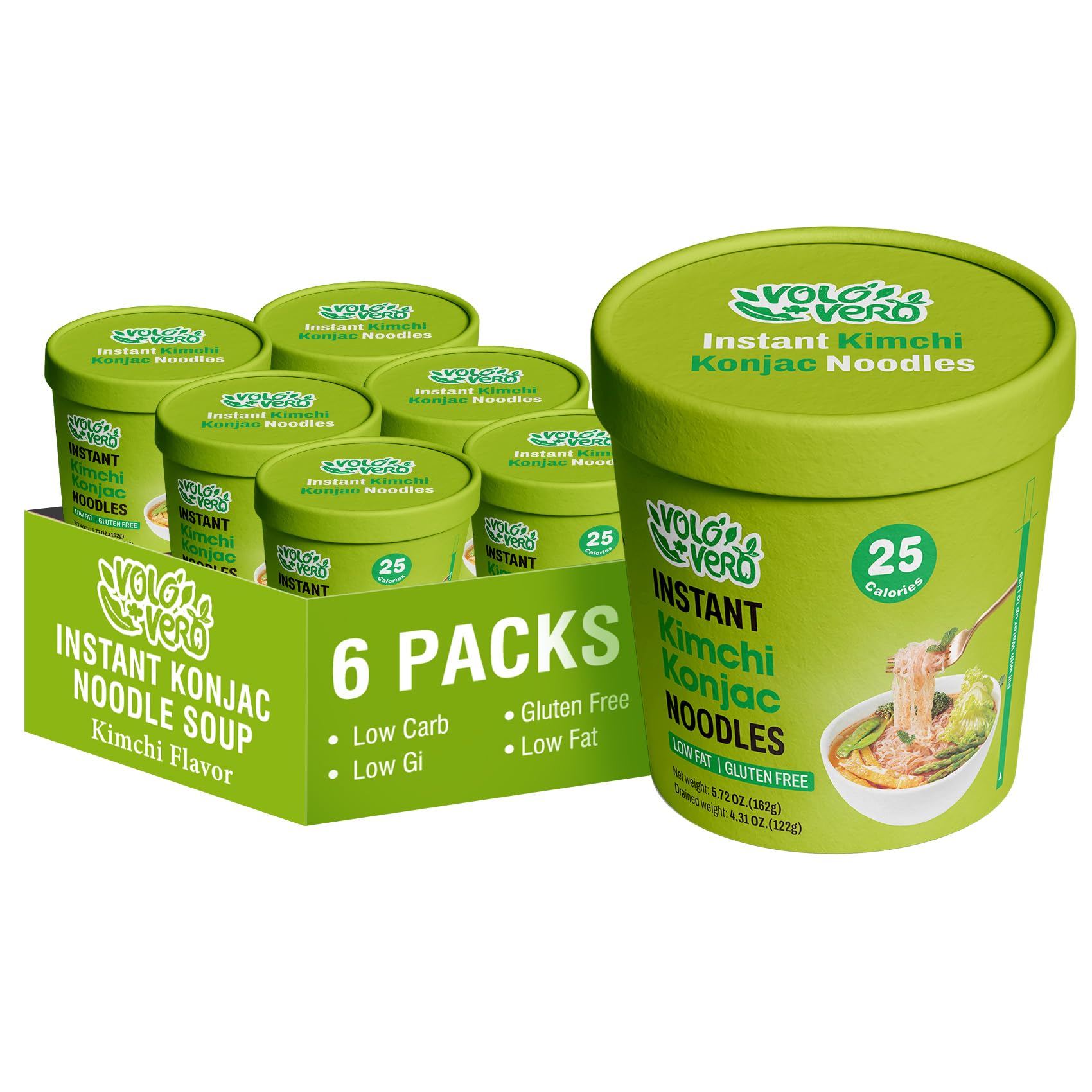 VOLO VERO Konjac Noodle Soup Cup Kimchi Flavor, 6 Packs Low Carb Instant Shirataki Noodles Angel Hair Pasta, Gluten Free, Keto F