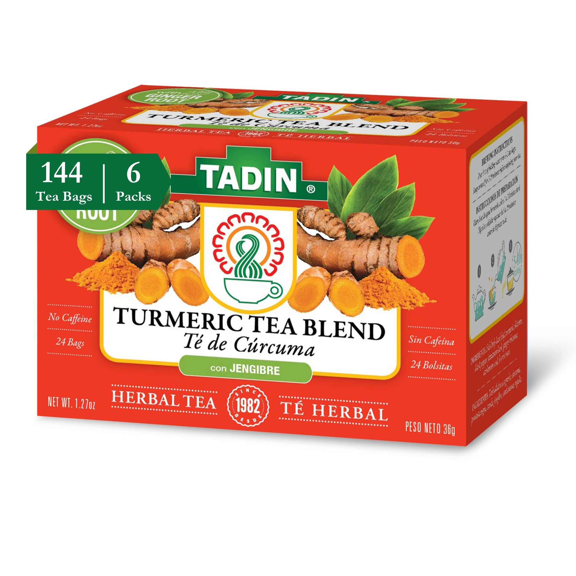 Tadin Turmeric Herbal Tea Blend, Caffeine Free, 24 Tea Bags per Box, Pack of 6