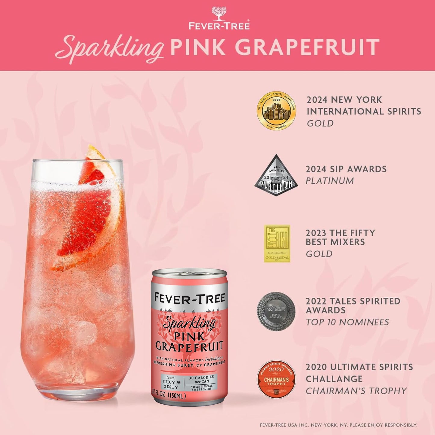 Fever-Tree Sparkling Pink Grapefruit Mixer - 150 ML Cans, Pack of 24 - Natural Ingredients, No Artificial Sweeteners - Refreshing Beverage