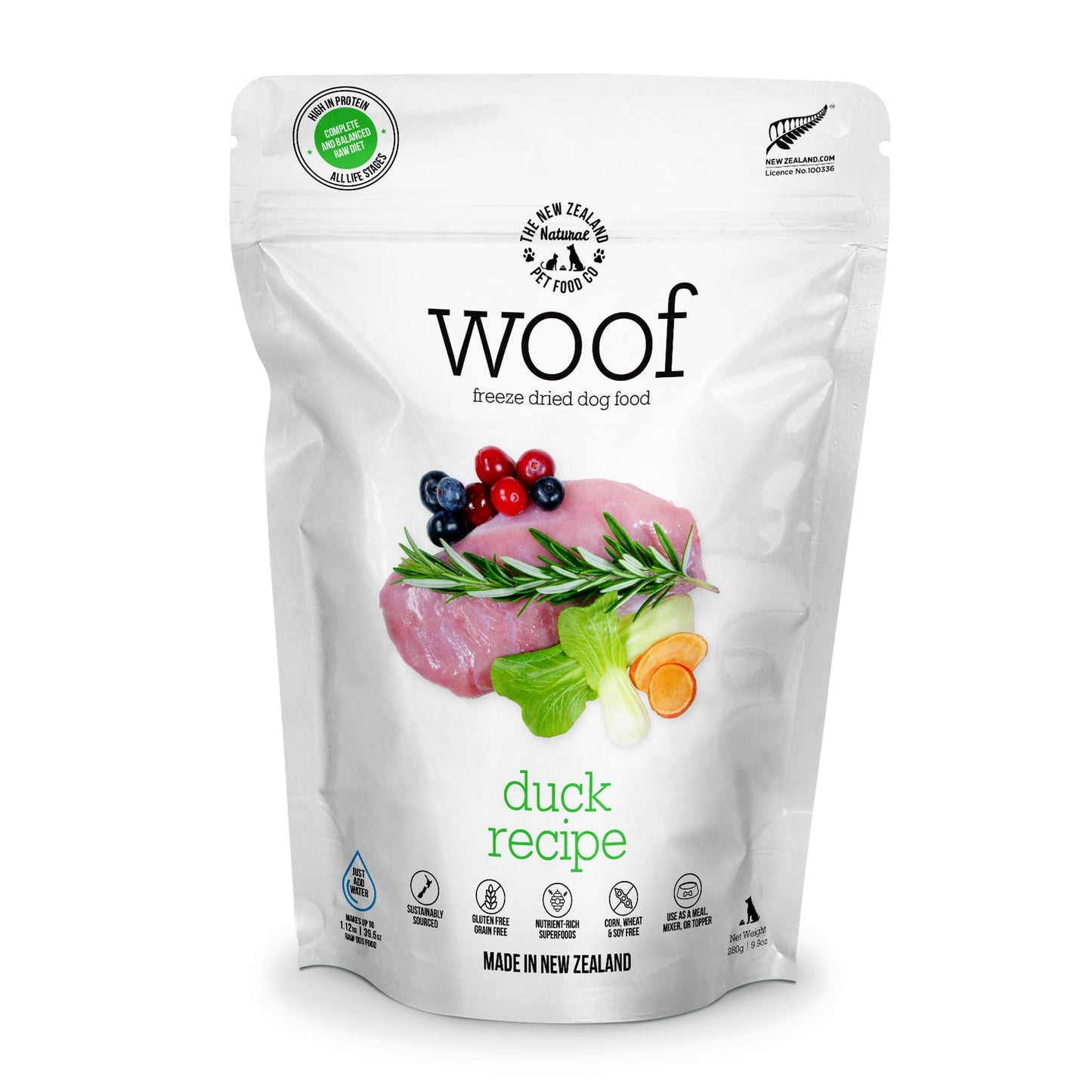 WOOF Duck Freeze Dried Raw Dog Food  Mixer  or Topper  or Treat - High Protein  Natural  Limited Ingredient Recipe 9.9oz-New